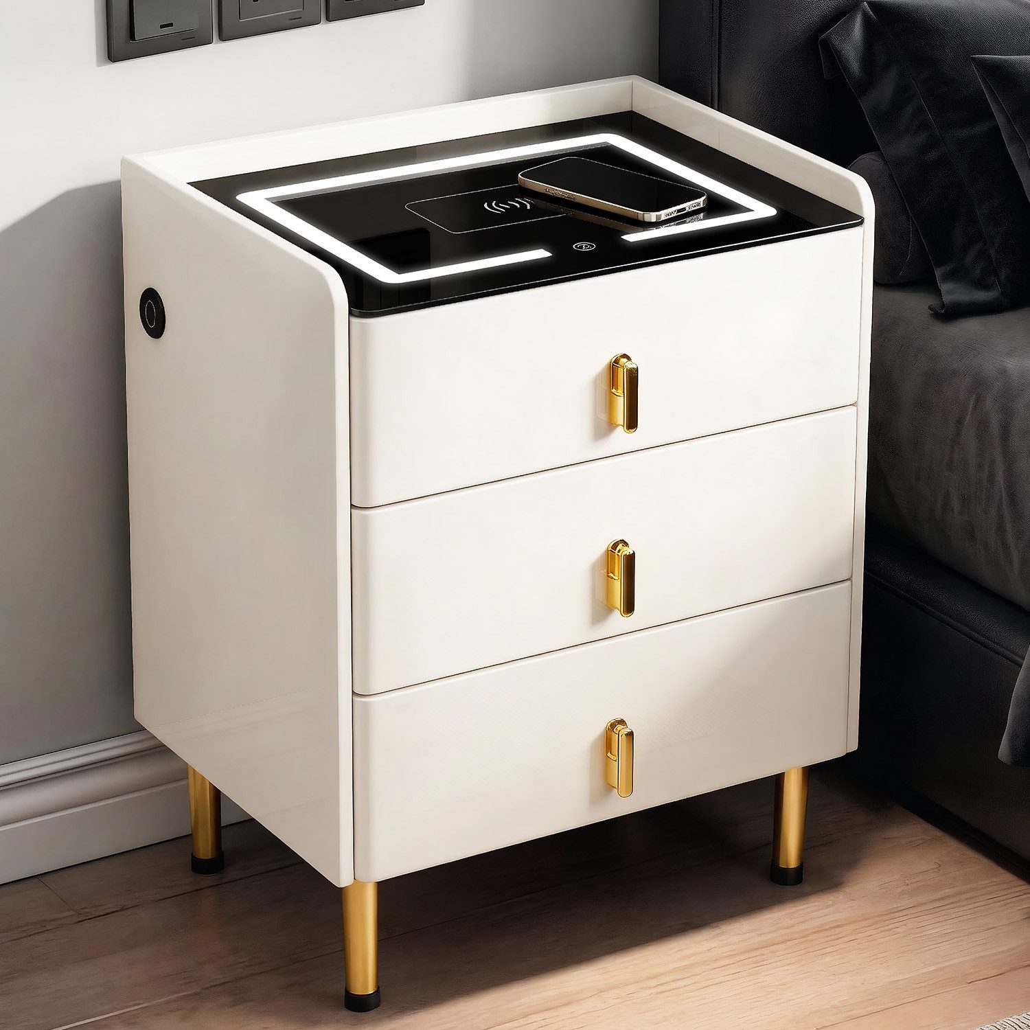 oyajia Nachttisch Nachttisch mit LED-Beleuchtung, mit 15W Kabelloses Laden,Beistelltisch (Schlafzimmer Nachttisch), Touch-Sensor-Licht, Modern Hochglanz Nachtschrank mit 2/3 Schubladen