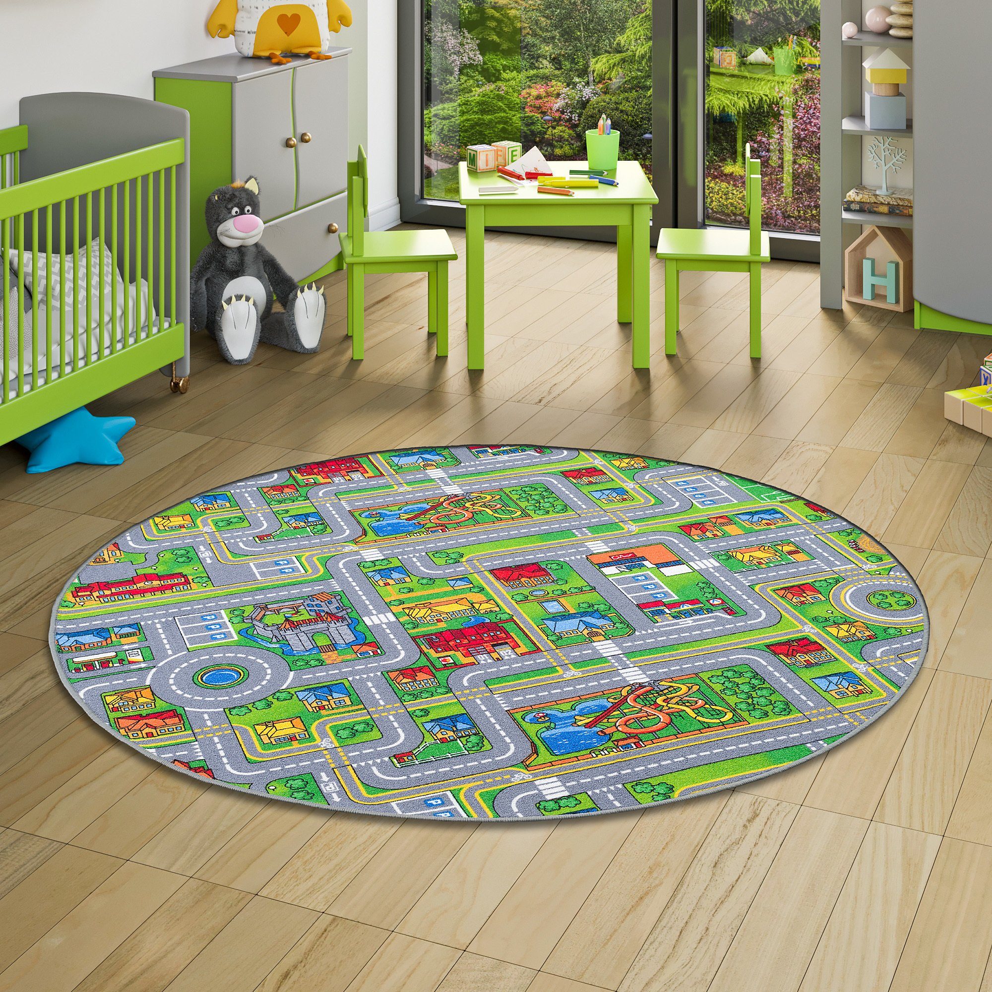 Kinderteppich Kinder Spiel Teppich Abenteuerland Bunt Rund