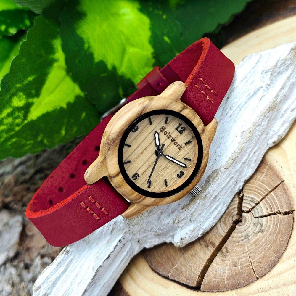 & Holz dunkel Holzwerk Quarzuhr kleine beige CLARA rot, Armband RED Uhr, Kinder Leder
