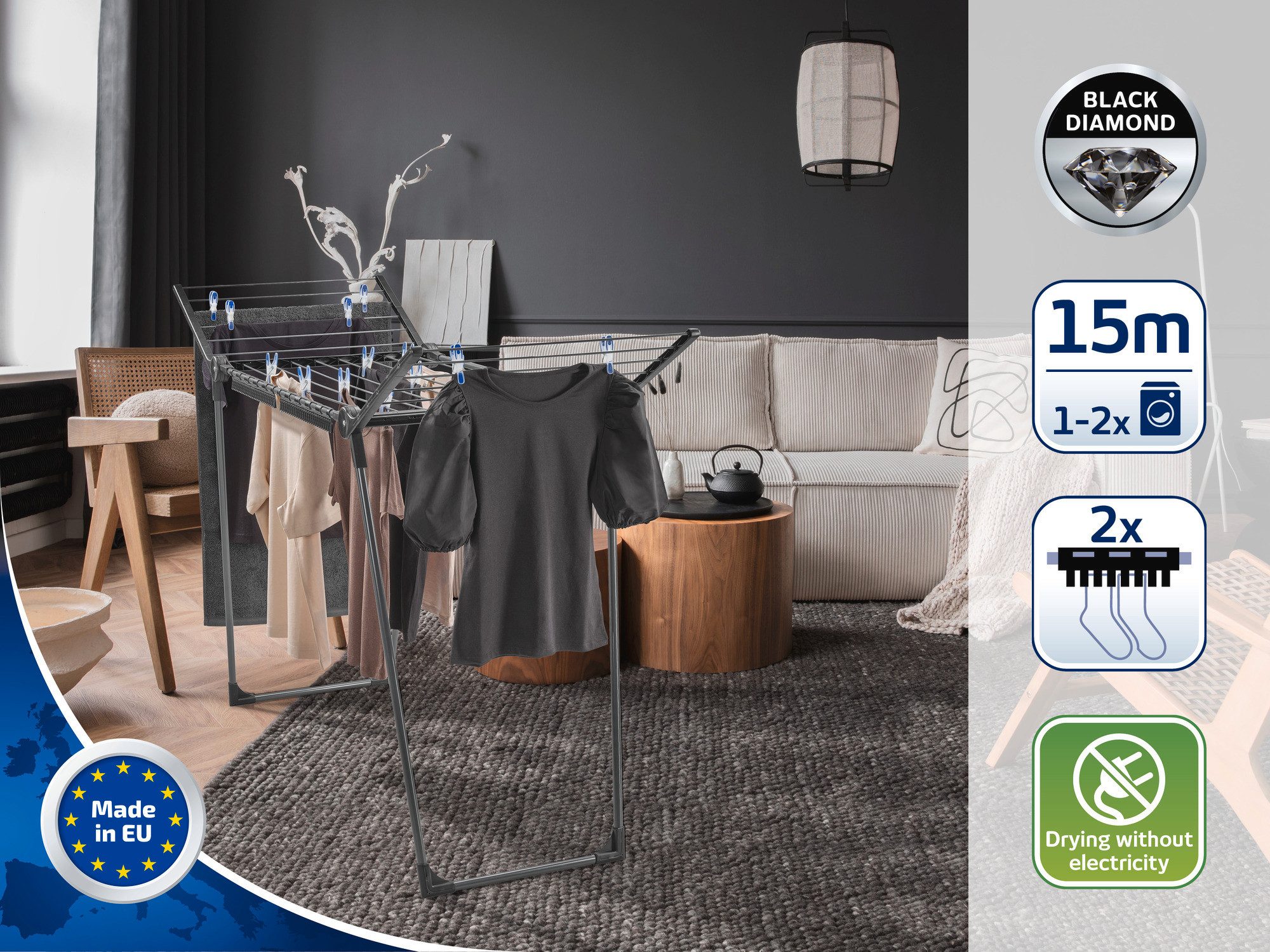 Leifheit Wäscheständer Standtrockner Pegasus 150 Solid Slim Black, 15m Trockenlänge, 105cm Flügelhöhe, schmal (55cm), zusammenklappbar