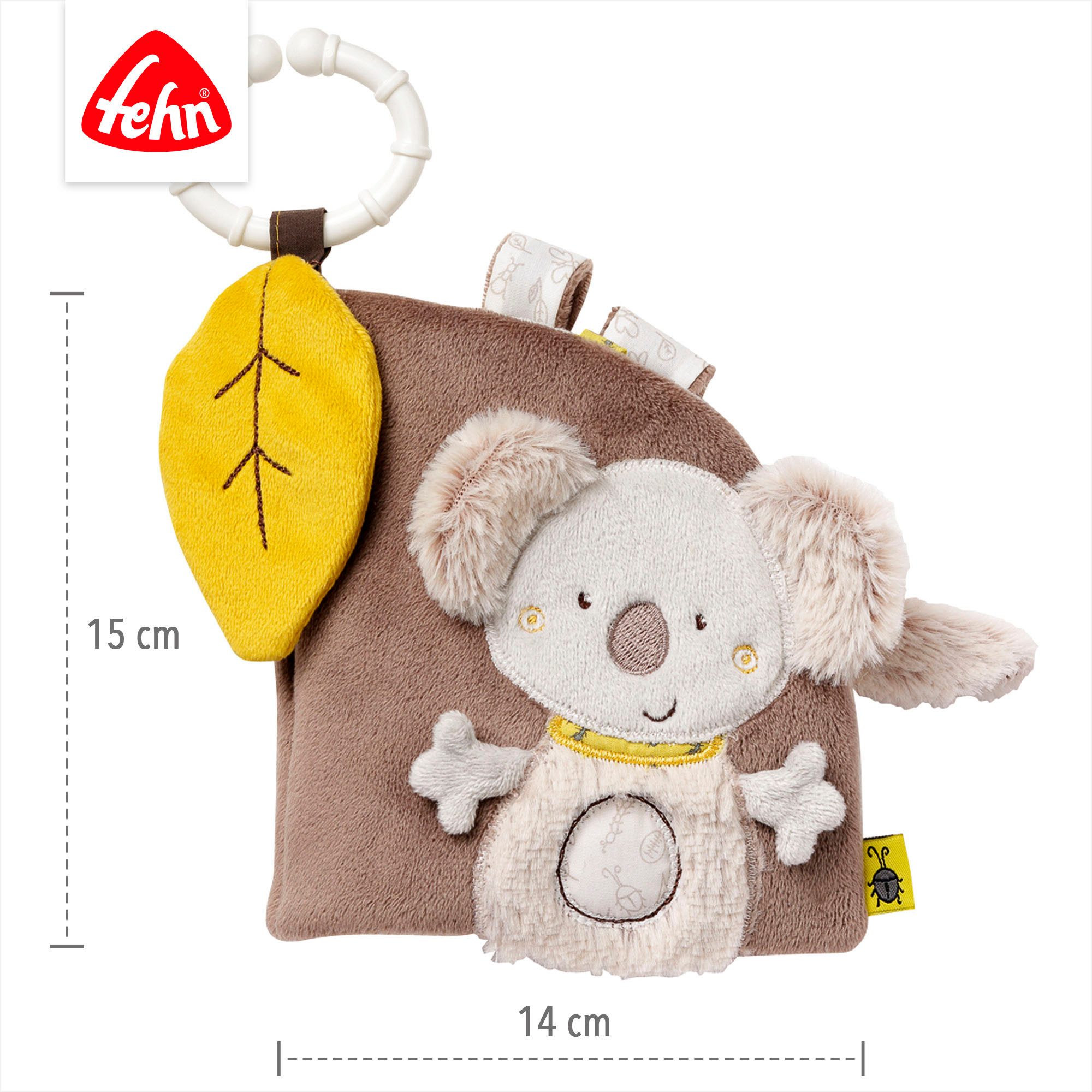 Fehn Greifspielzeug Australia, Stoffbuch, mit Ring zur Befestigung an Kinderwagen, Babyschale oder Bett