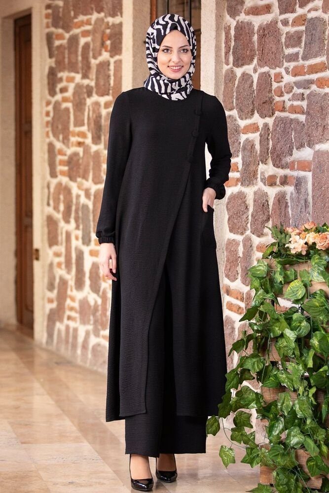Longtunika Aerobin Tunikakleid Anzug Stoff Hijab mit Zweiteiler Schwarz Damen Kleidung Modavitrini Hose