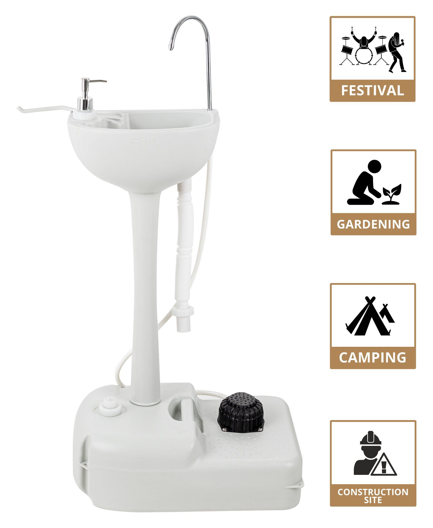 Stagecaptain Waschbecken PSW-17 Portables Festival Camping-Waschbecken (Deluxe Set, inkl. Spender, Handtuchhalter und Abwasser-Kanister), Spülbecken mit 17 Liter Frischwassertank