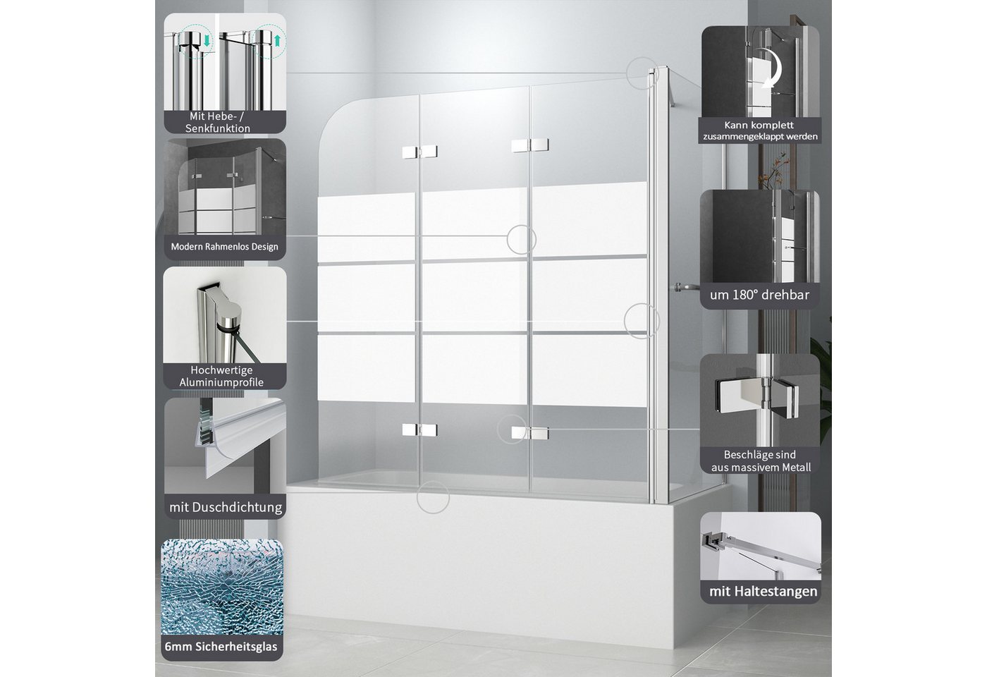 Thumbnail - Hopibath Badewannenfaltwand mit seitenwand 70cm 75cm Duschwand für Badewanne Eck faltbar Milchglas, 6mm Einscheibensiche...