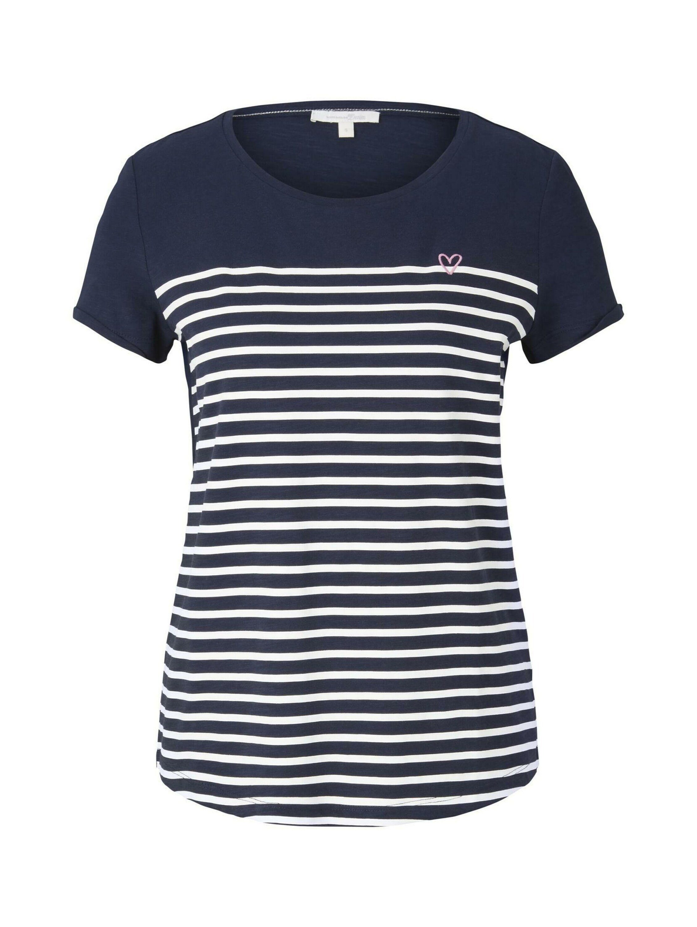 T-Shirt white TOM TAILOR stripe Stickerei, Plain/ohne (1-tlg) off Details Denim navy