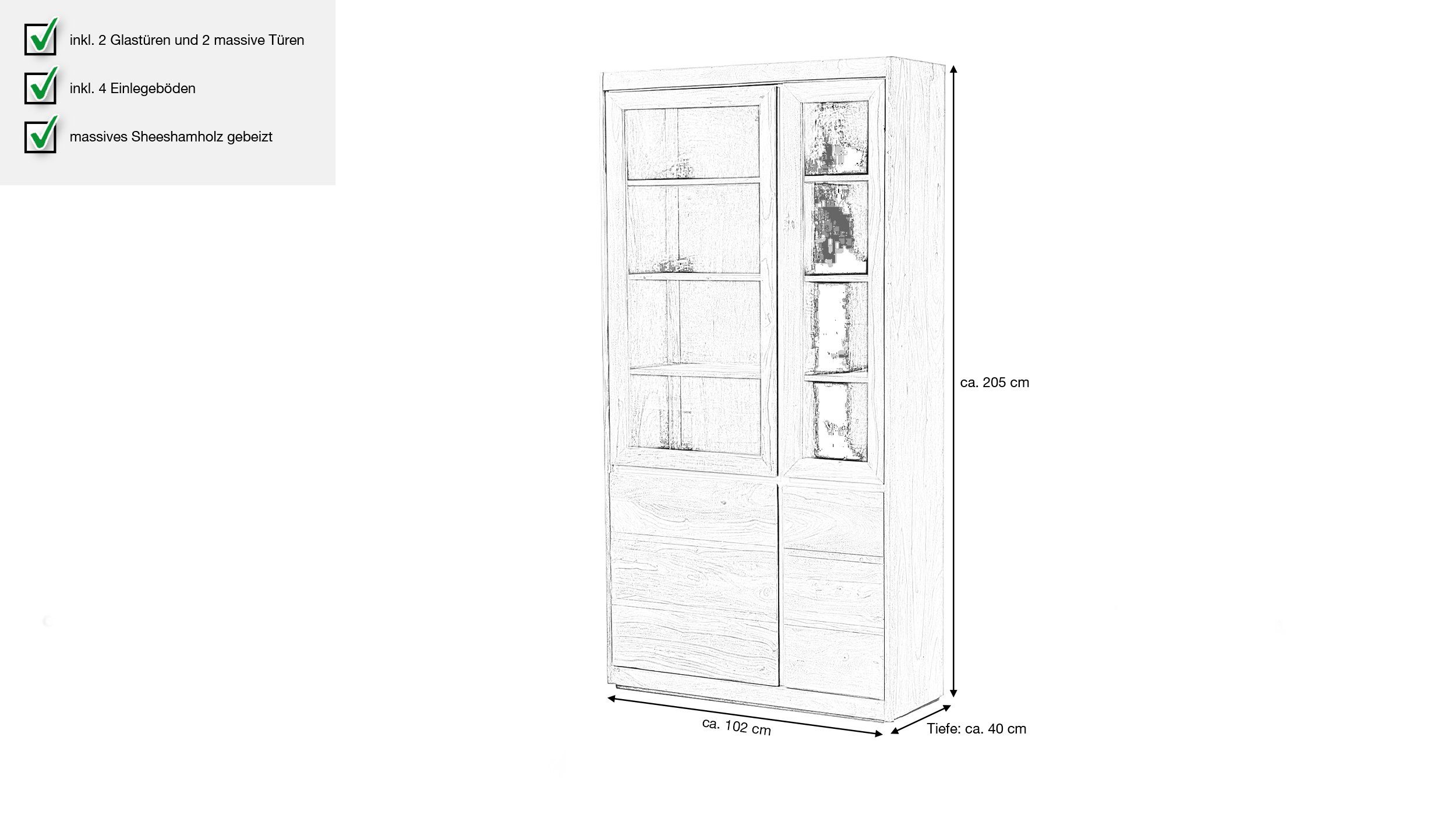 Massivart® Vitrine 2 gebeizt Vitrinenschrank 4 Senso Massivholz / / Einlegeböden Sheesham Glastüren