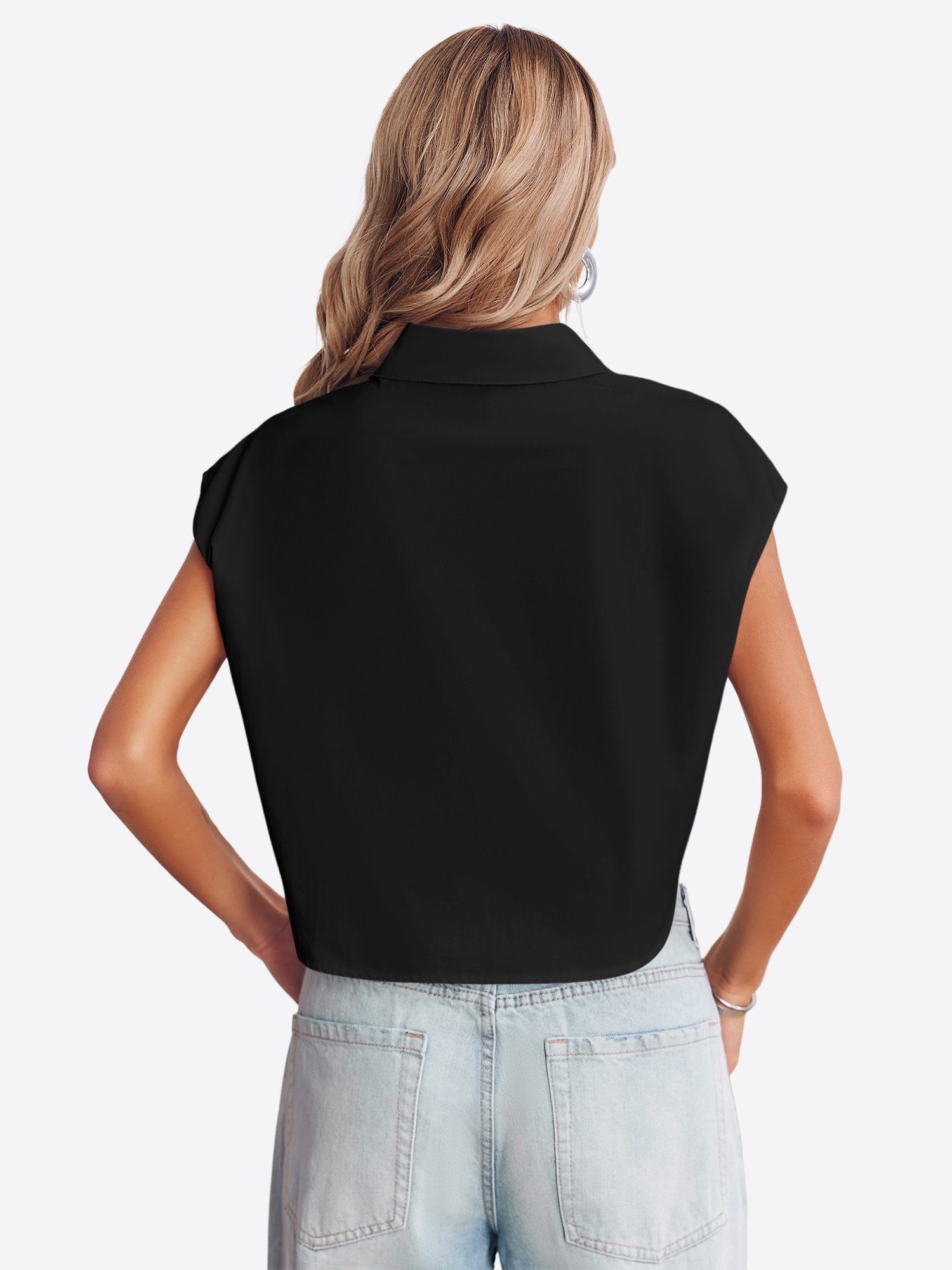 Imily Bela Blusenshirt Damen Ärmellose Cropped mit Brusttaschen und Kragen Casual (Packung, 1-tlg., 1per-Pack) aus Baumwolle in Unifarbe