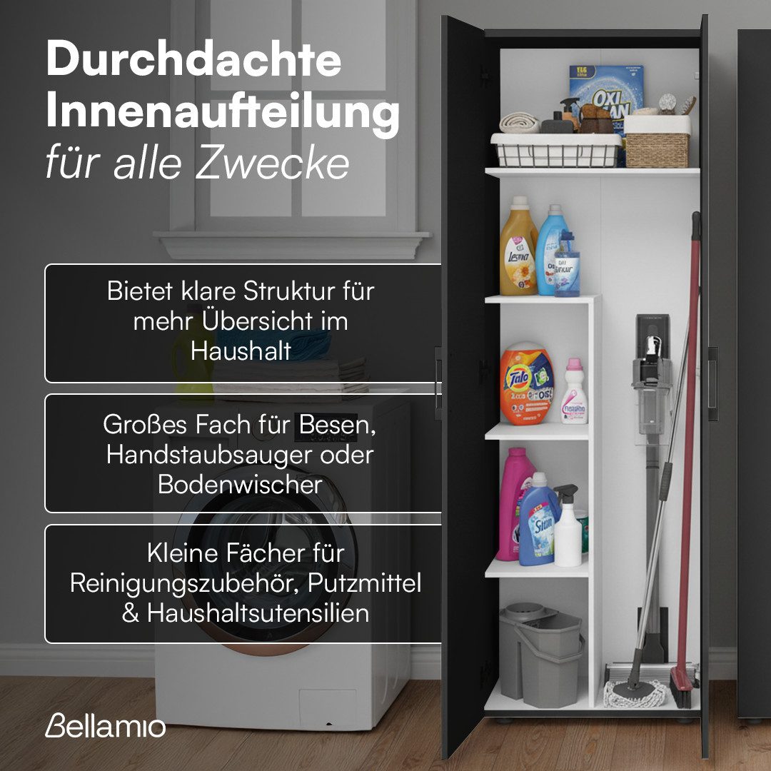Bellamio Mehrzweckschrank Apol (Schwarz) Besenschrank mit 5 Fächern, inkl. Staubsaugerfach, robust & kratzfest