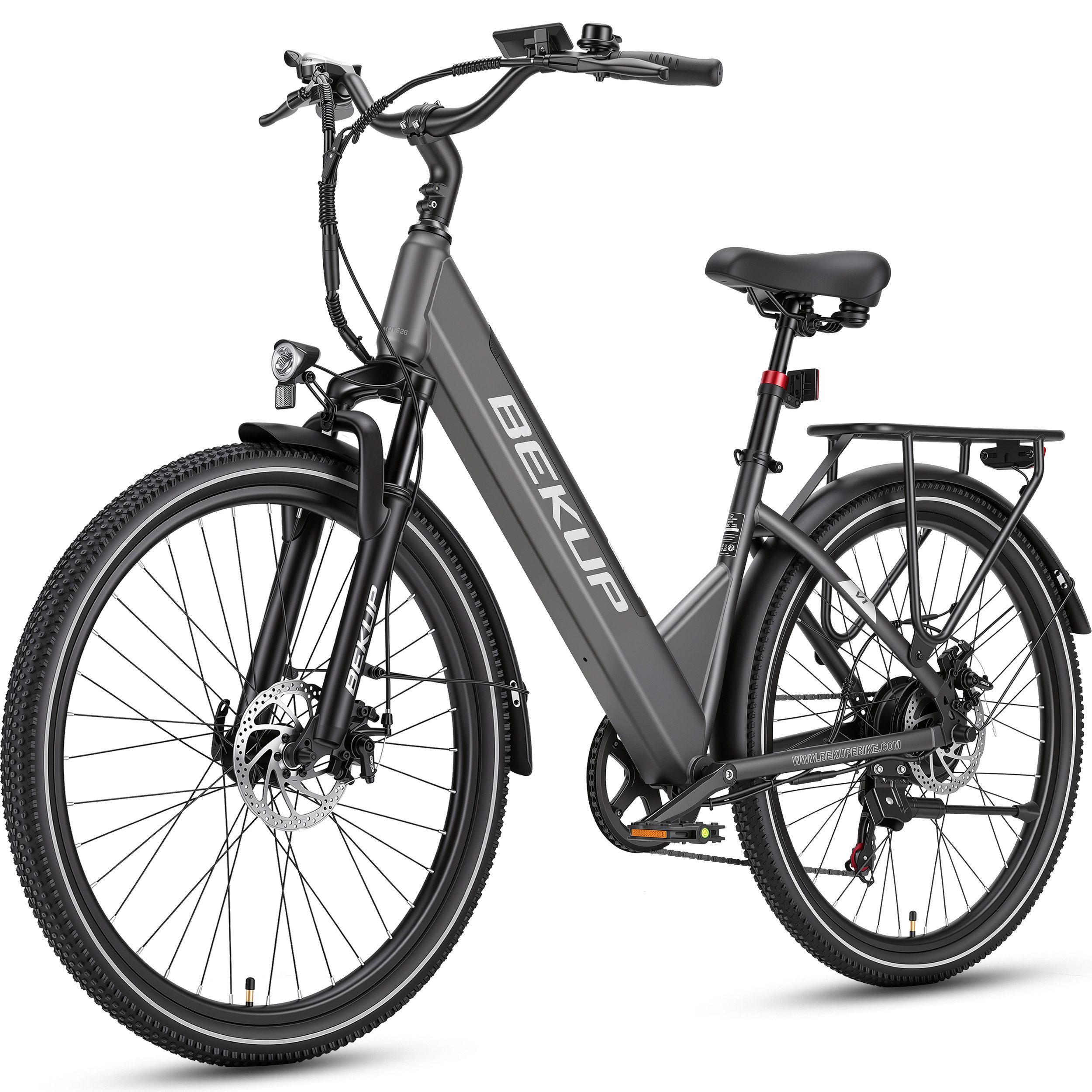 BEKUP E-Bike Cityrad V1 26 Zoll Tiefeinsteiger, 522 Wh Akku, 45 Nm, Shimano 7-Gang, 7 Gang Shimano Shimano Tourney TZ Schaltwerk, Kettenschaltung, Heckmotor, 522 Wh, (Komplettset, E-Bike inklusive Akku und Ladegerät), Komfortabel pendeln und touren, bis 120 km, Federgabel und Farbdisplay