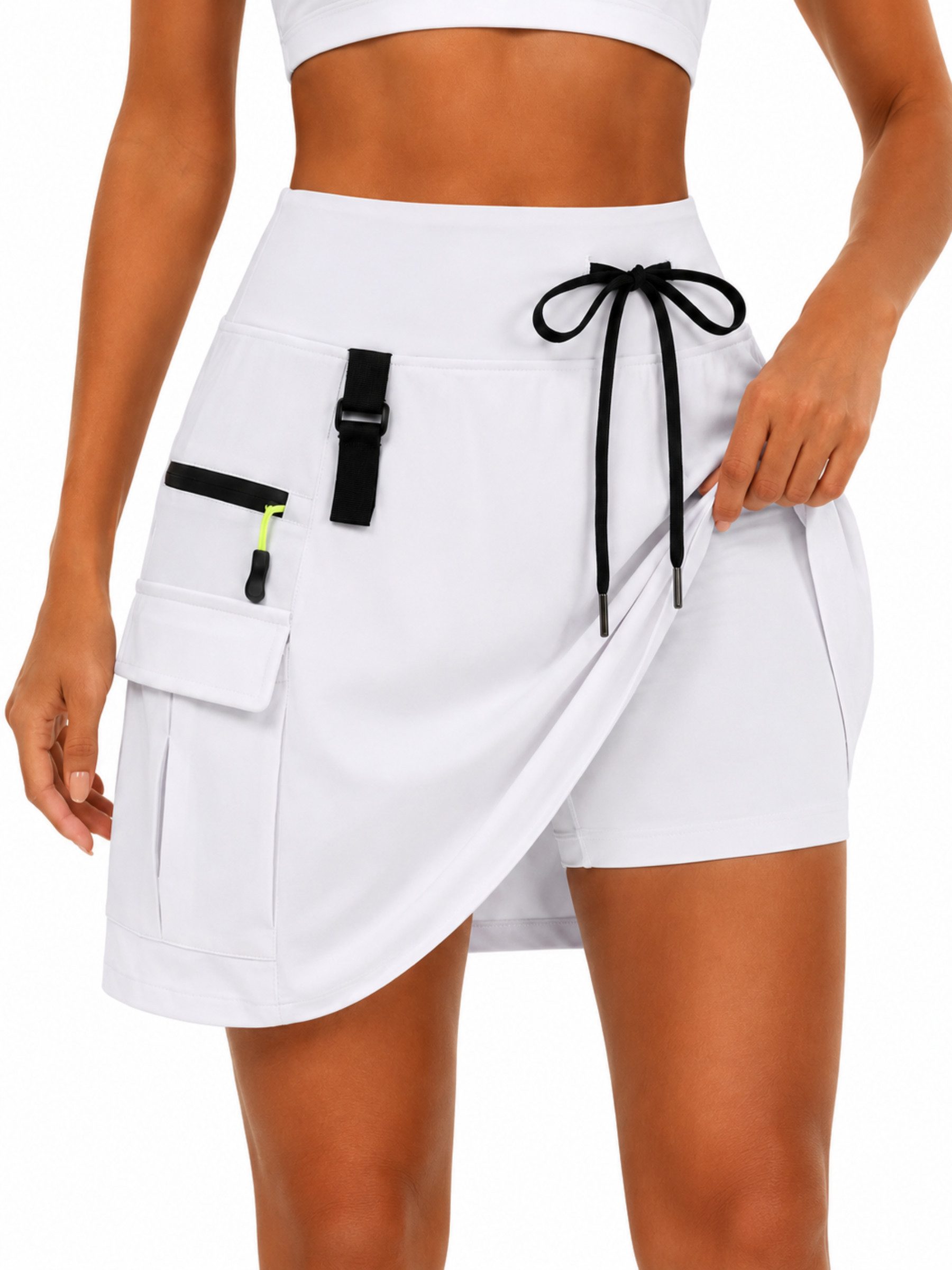 FemmeTone Minirock Damen Cargorock sportlich mit Taschen, kurzer Sommerrock mit Kordelzug Outdoorrock mit Reißverschlusstaschen, Freizeitrock elastischer Bund