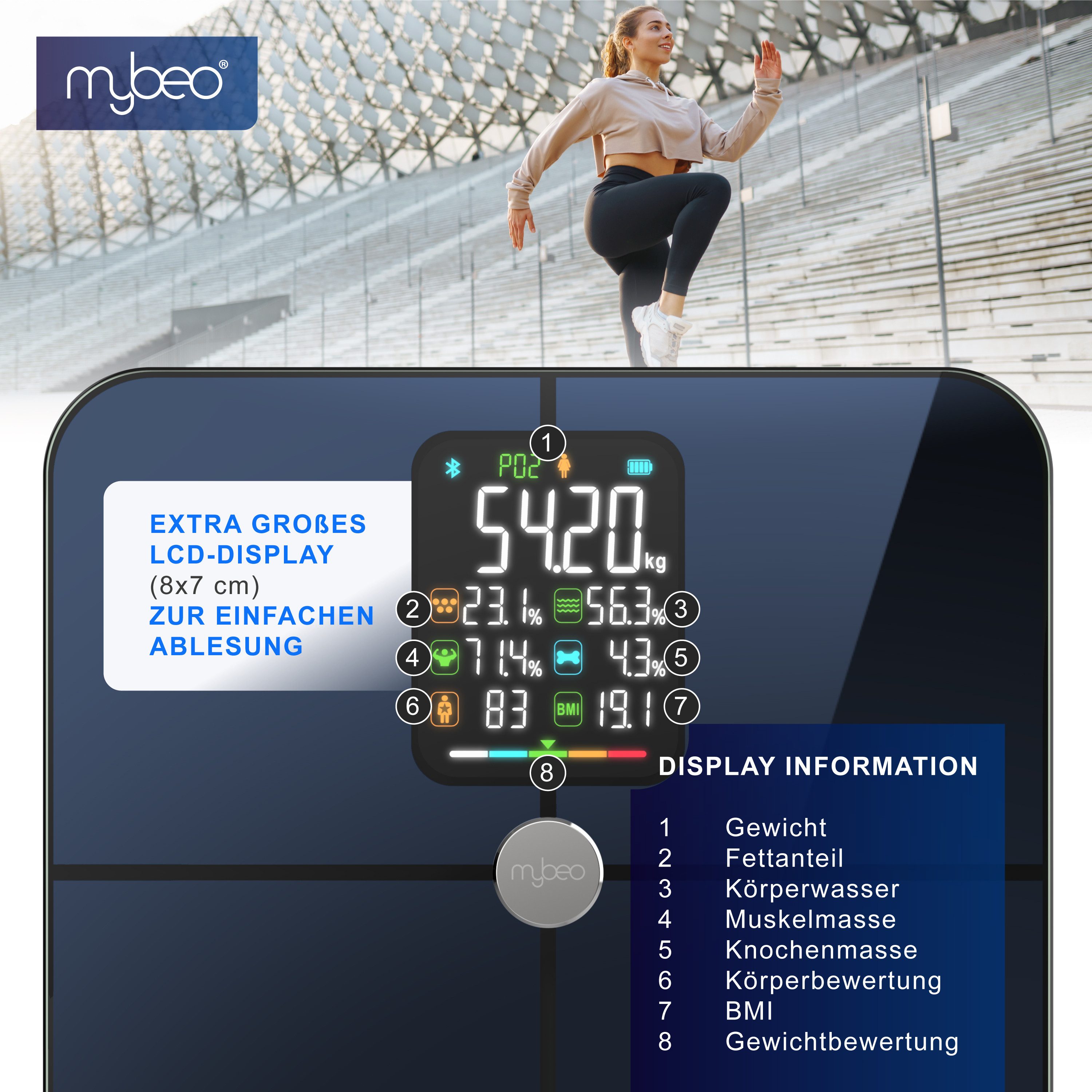 MyBeo Körper-Analyse-Waage Digitale Bluetooth Diagnosewaage mit App-Steuerung, Körperfettwaage, 1-tlg., Full Body Scan, BMI, Körperfett, Wasser & Muskelanteil, bis zu 180 kg