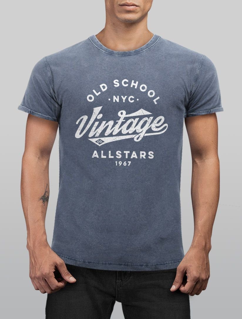 blau Look Fit Design School Old mit Retro Allstars Neverless® Vintage NYC Schriftzug Print-Shirt Herren Used Neverless Slim Print Shirt Printshirt