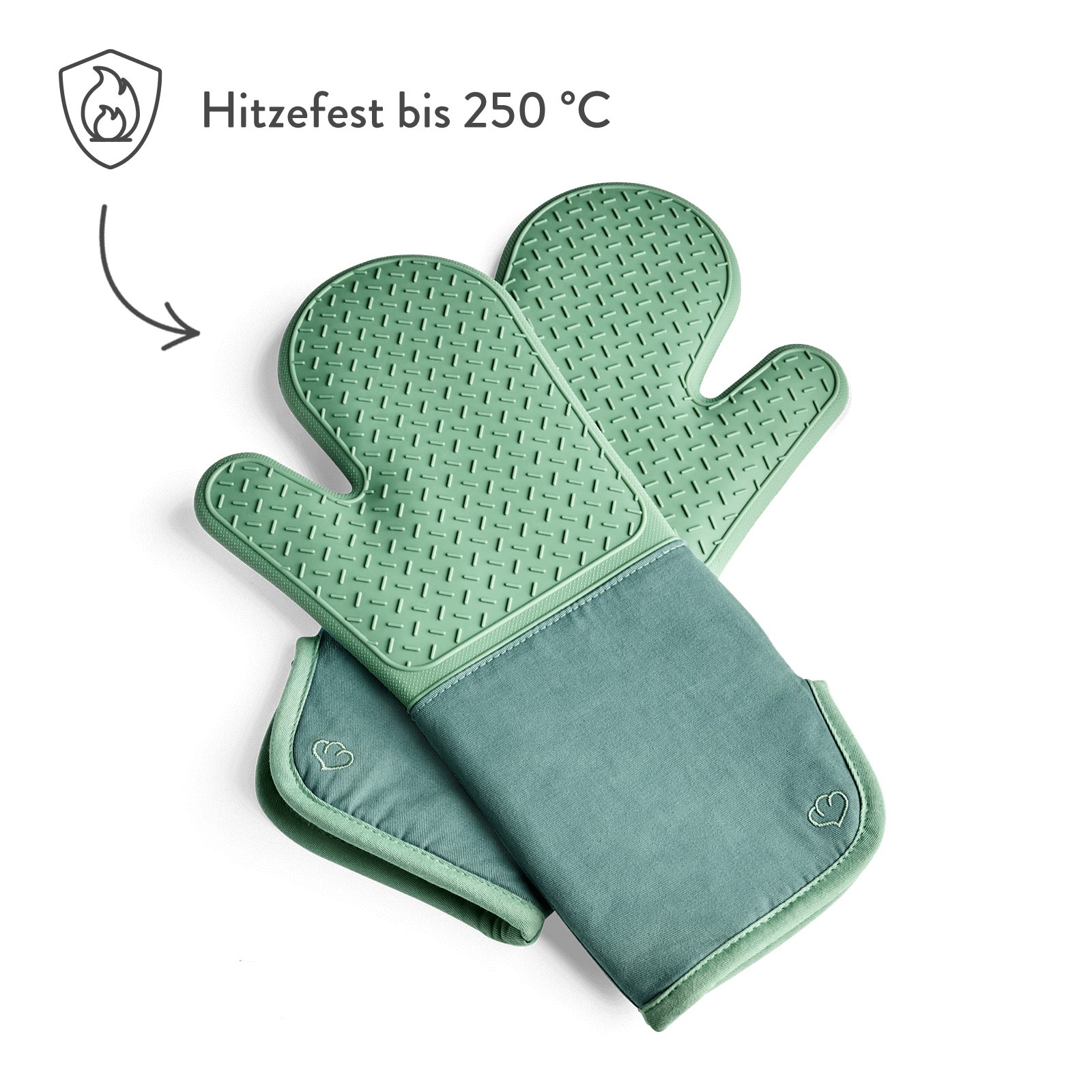 Springlane Topfhandschuhe 2-tlg. in verschiedenen Farben - Silikon & Baumwolle - bis 250°C, (2-tlg., bestehend aus 2 einzelnen Handschuhen), Mint, rutschfest, extra langer Armschutz