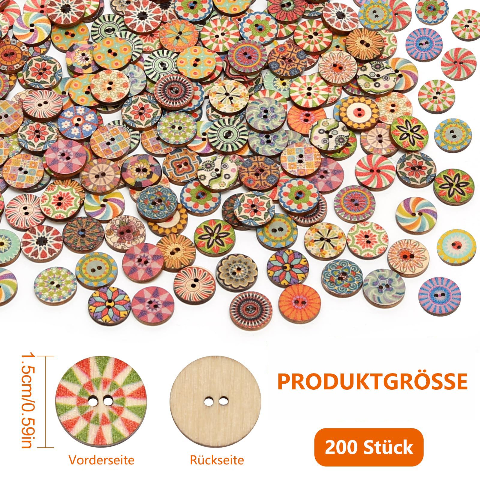 FOUORTUNATE-BEE Knopf 200 Stück Bunte Holzknöpfe, 15mm Vintage Knöpfe mit 2 Löchern, Knöpfe für Strickjacken, Kleidung, Dekoration, DIY, Basteln, Nähen – Bild 2 von 5