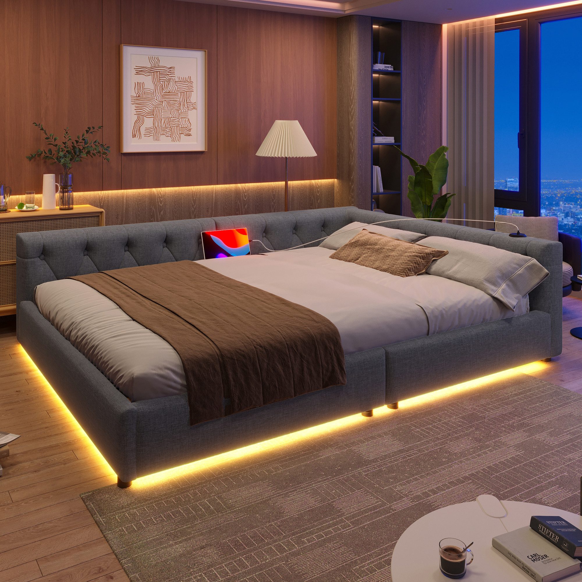 Flieks Polsterbett, LED Daybett Schlafsofa Doppelbett Tagesbett 140x200cm m günstig online kaufen