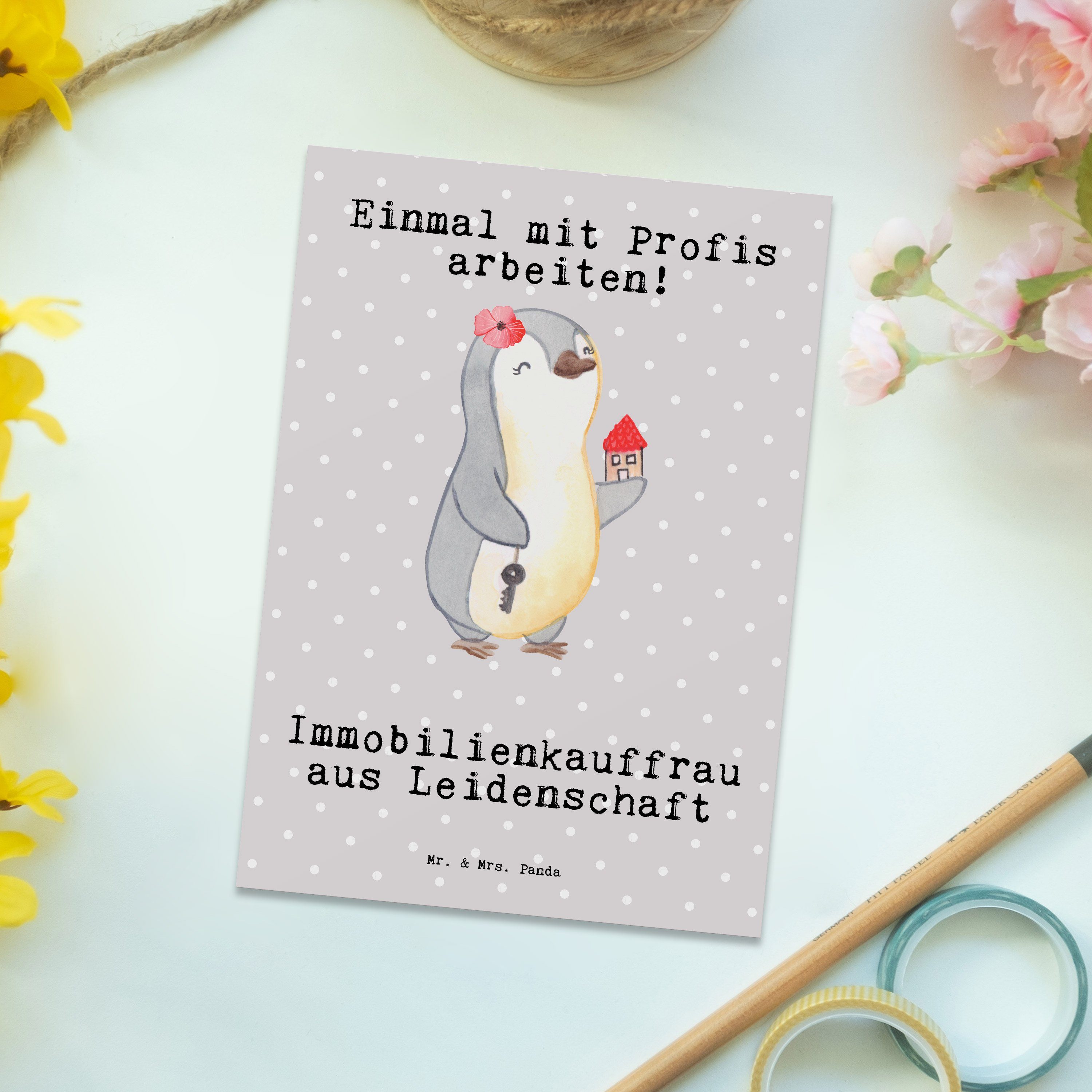 Panda Immobi Mrs. & aus - Postkarte Grau Immobilienkauffrau Leidenschaft Geschenk, Pastell Mr. -