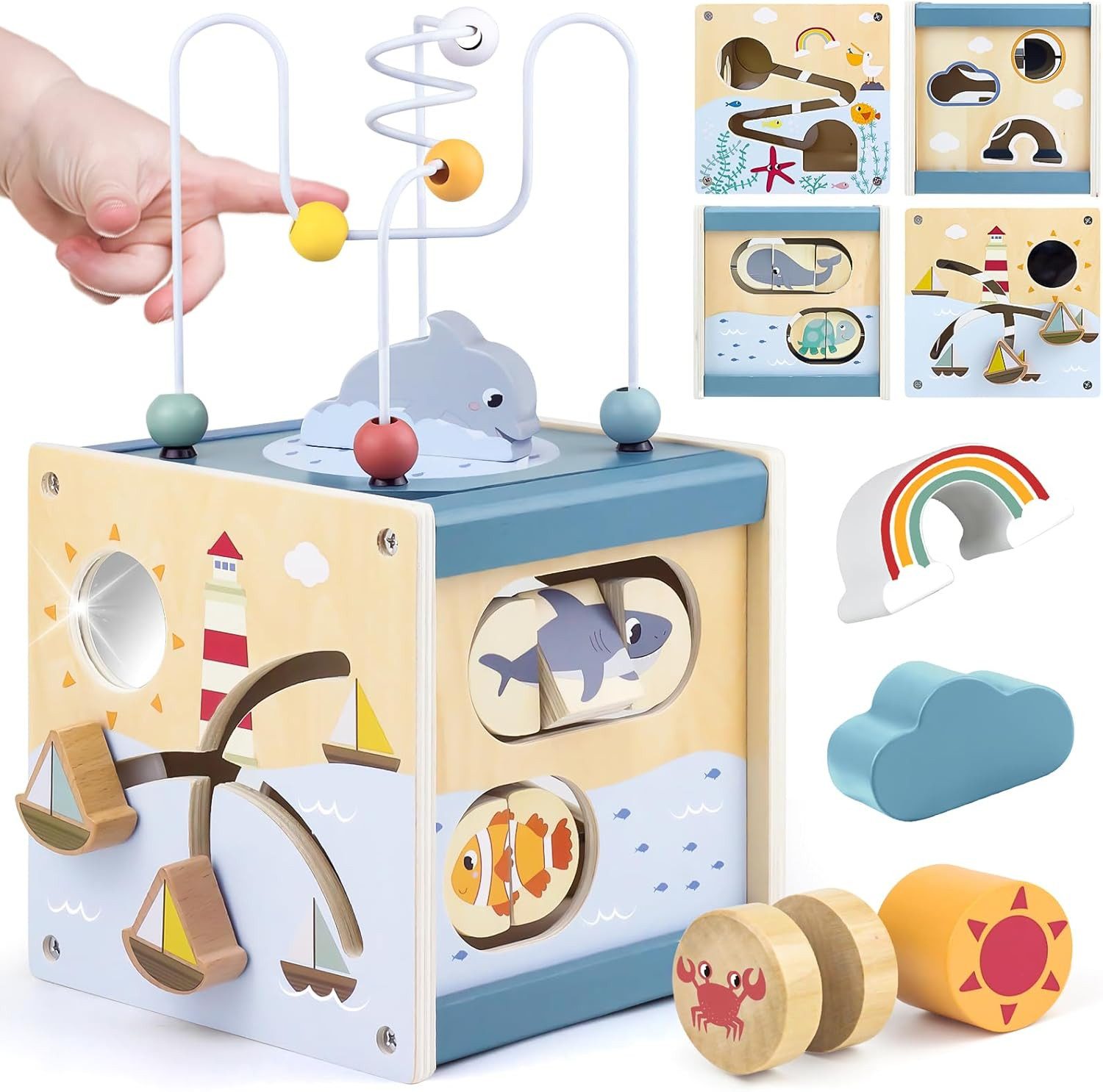 Motorikwürfel 6 in 1 – Montessori Lernspielzeug aus Holz für Kleinkinder