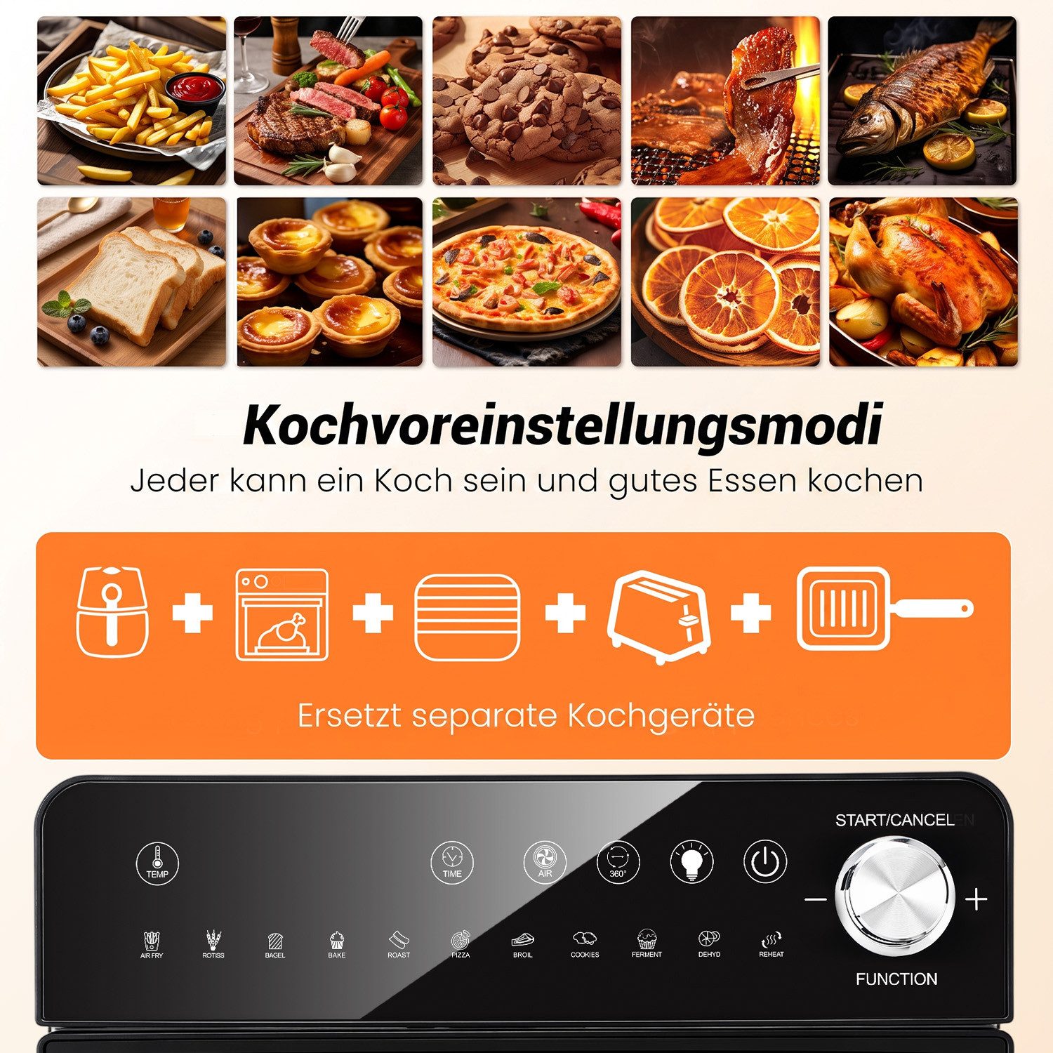 oyajia Heißluftfritteuse XXL Minibackofen 14L Airfryer, 11 Automatikprogramme mit Rotisserie-Funktion, Sichtfenster Innenbeleuchtung, Timer, 7 Anhänge, 1800 W,  – Bild 4 von 5