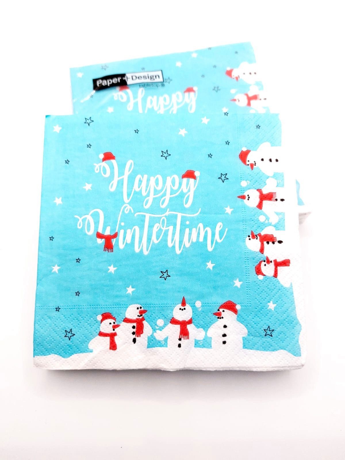 meytrade Papierserviette 2x20 Stück Winterzeit, happy Wintertime Servietten als Tischdeko, (40 Servietten), Servietten mit Schneemann und Spruch "happy wintertime"