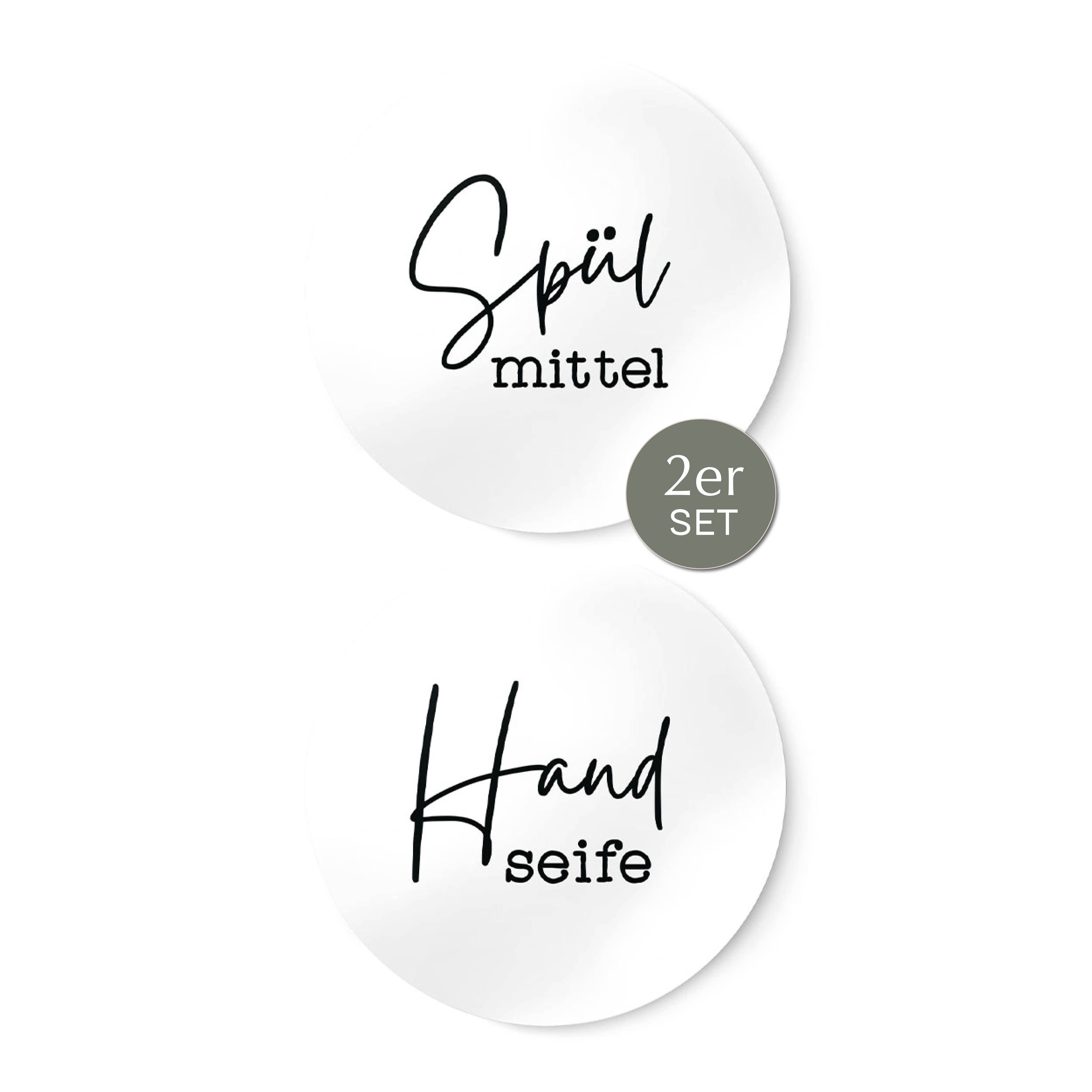 NORDEULE Aufkleber Handseife Spülmittel, rundes Etikett ⌀ 6 cm, (2tlg), Wasserfeste UV-beständige Sticker zur Beschriftung von Seifenspendern