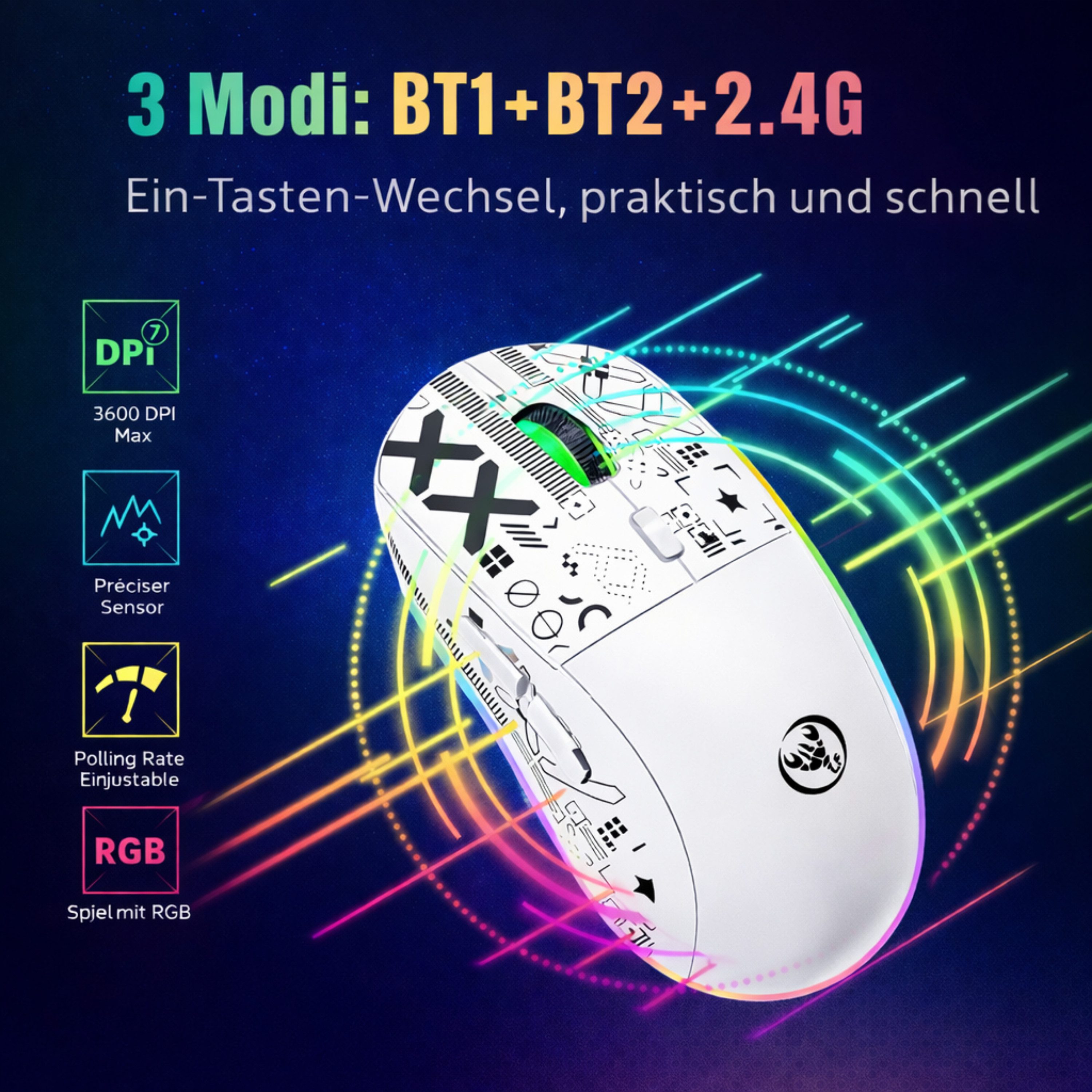 RUHE RGB Gaming Maus Kabellos Wireless Leise Maus Beleuchtung Plug & Play Gaming-Maus (Bluetooth, Funk, kabelgebunden, 3 Geräte Verbindung, Drahtlos, Optische Maus, 3600 dpi, 10M Einstellbar DPI Schwarz Weiß 6 Tasten für Laptop/PC/Mac/Computer)