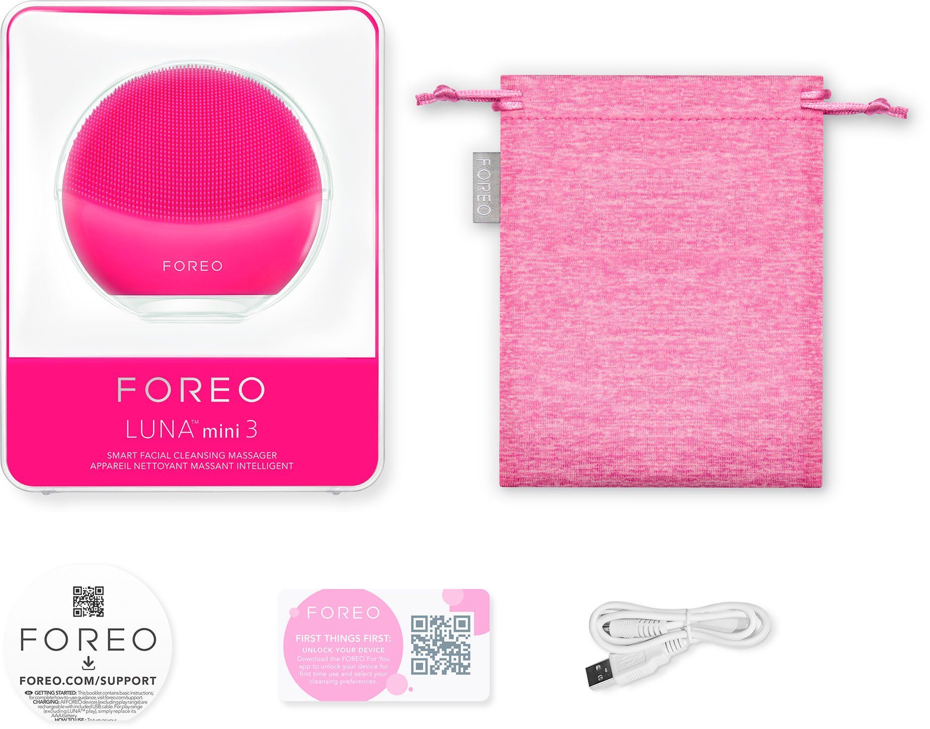 3, mini FOREO Gesichtsreinigungsbürste fuchsia alle LUNA Hauttypen für Elektrische