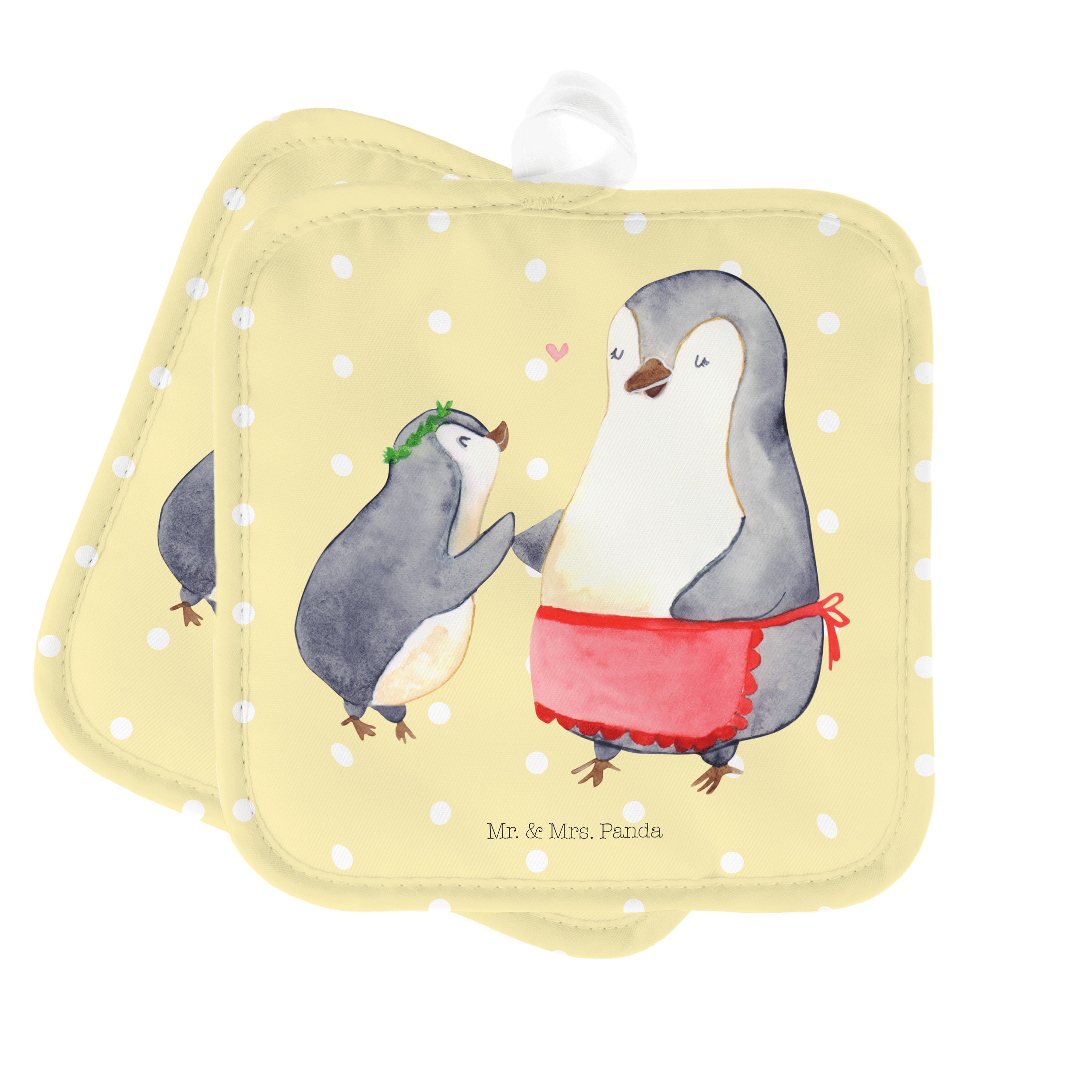 Mr. & Mrs. Panda Topflappen Pinguin mit Kind - Gelb Pastell - Geschenk, Bruder, Opa, Familie, Mut, (1-tlg)