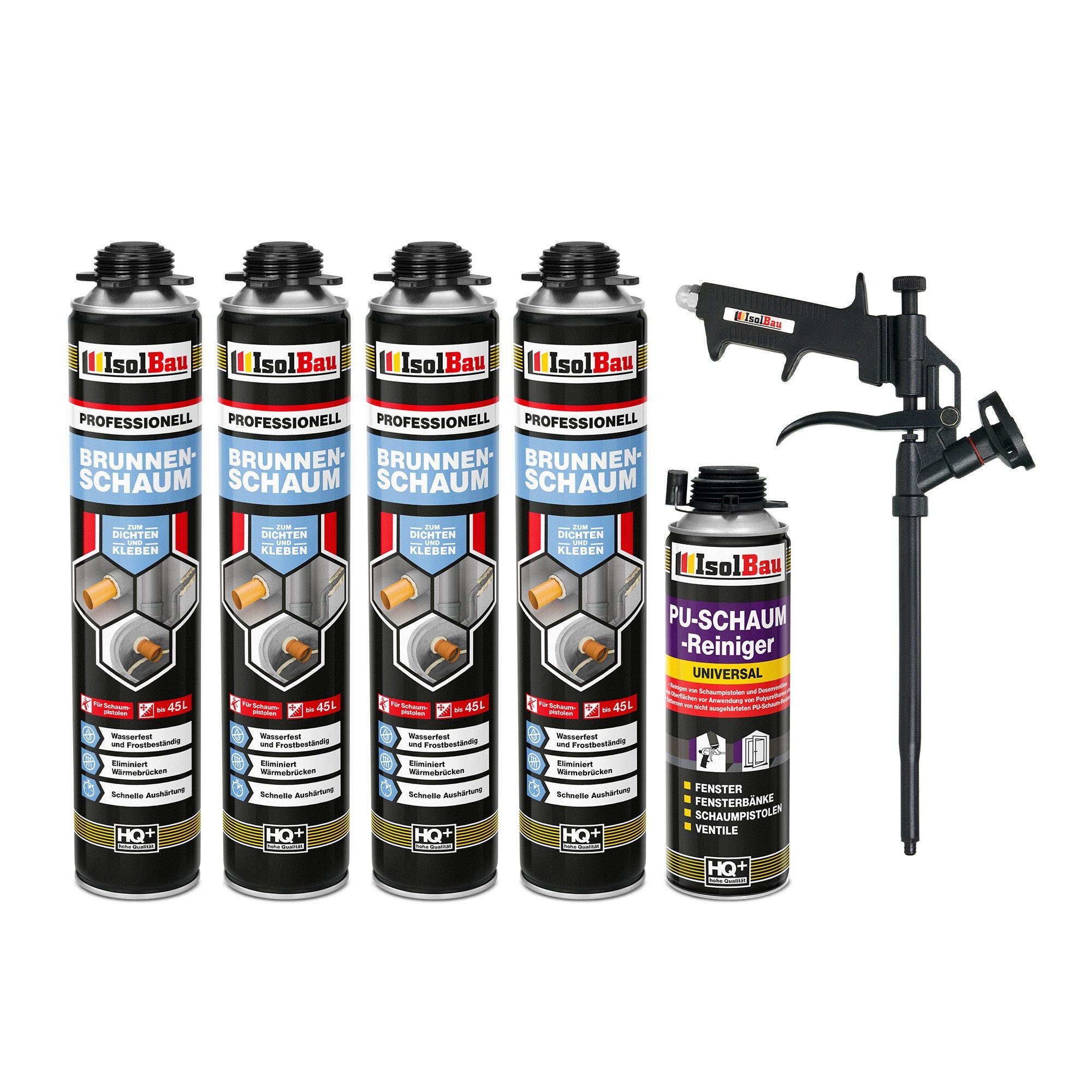 None Montagekleber Isolbau SET Brunnenschaum Dämmschaum Bauschaum PU-Schaum 4 x 750 ml, Montageschaum 750 ml, 1 x PU-Schaum-Reiniger & 1 x Schaumpistole