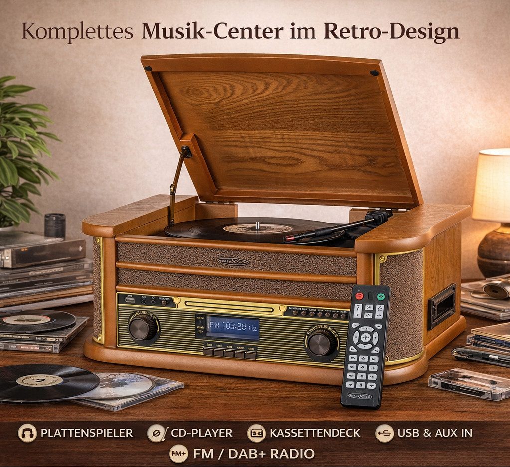 Reflexion HIF2002DAB Retro HiFi Anlage mit DAB+, Bluetooth 5.0 & USB-Encoding Radioplattenspieler (Riemenantrieb, Bluetooth, Bluetooth, Kassettenspieler, CD/MP3, UKW/DAB+ Radio, Encoding-Funktion)