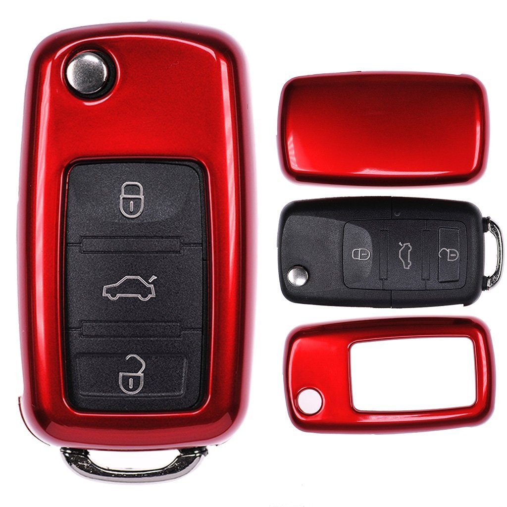 mt-key Schlüsseltasche Autoschlüssel Hardcover Schutzhülle Metallic Rot, für VW Golf 5 6 Sharan Skoda Octavia Polo Beetle Passat T5 bis 2009