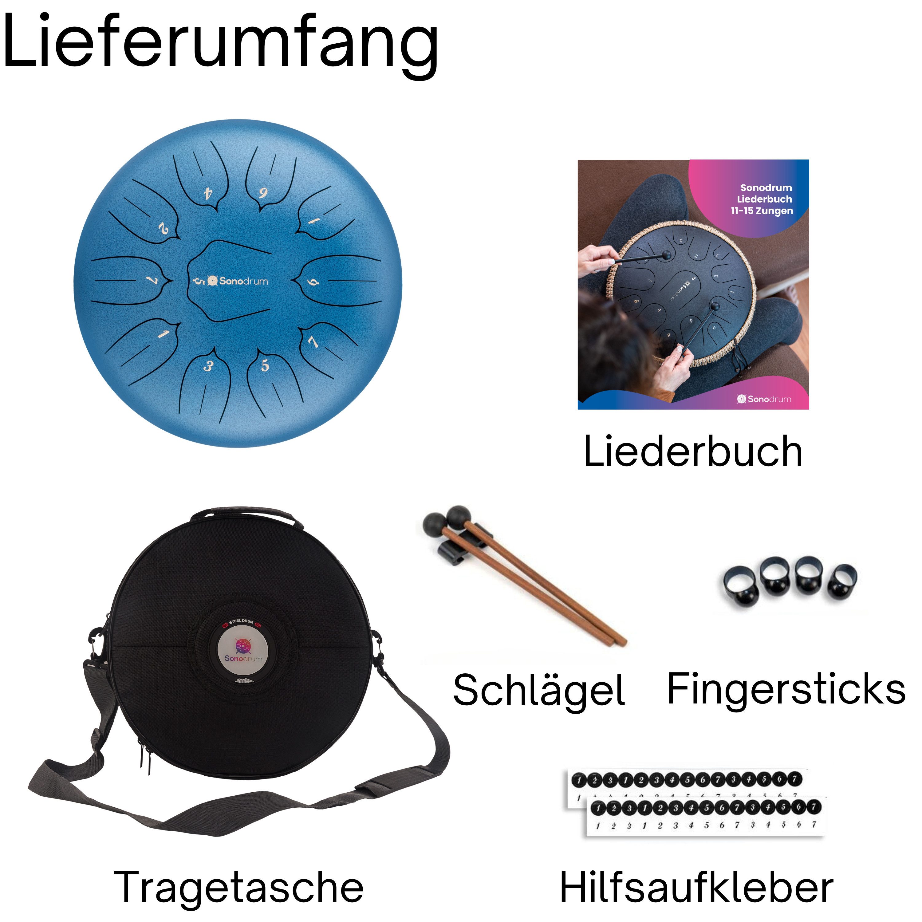 Sonodrum Steel Tongue Drum "Standard", D-Dur, 30 cm, 11 Zungen inkl. Liederbuch und Tragetasche – Bild 5 von 5