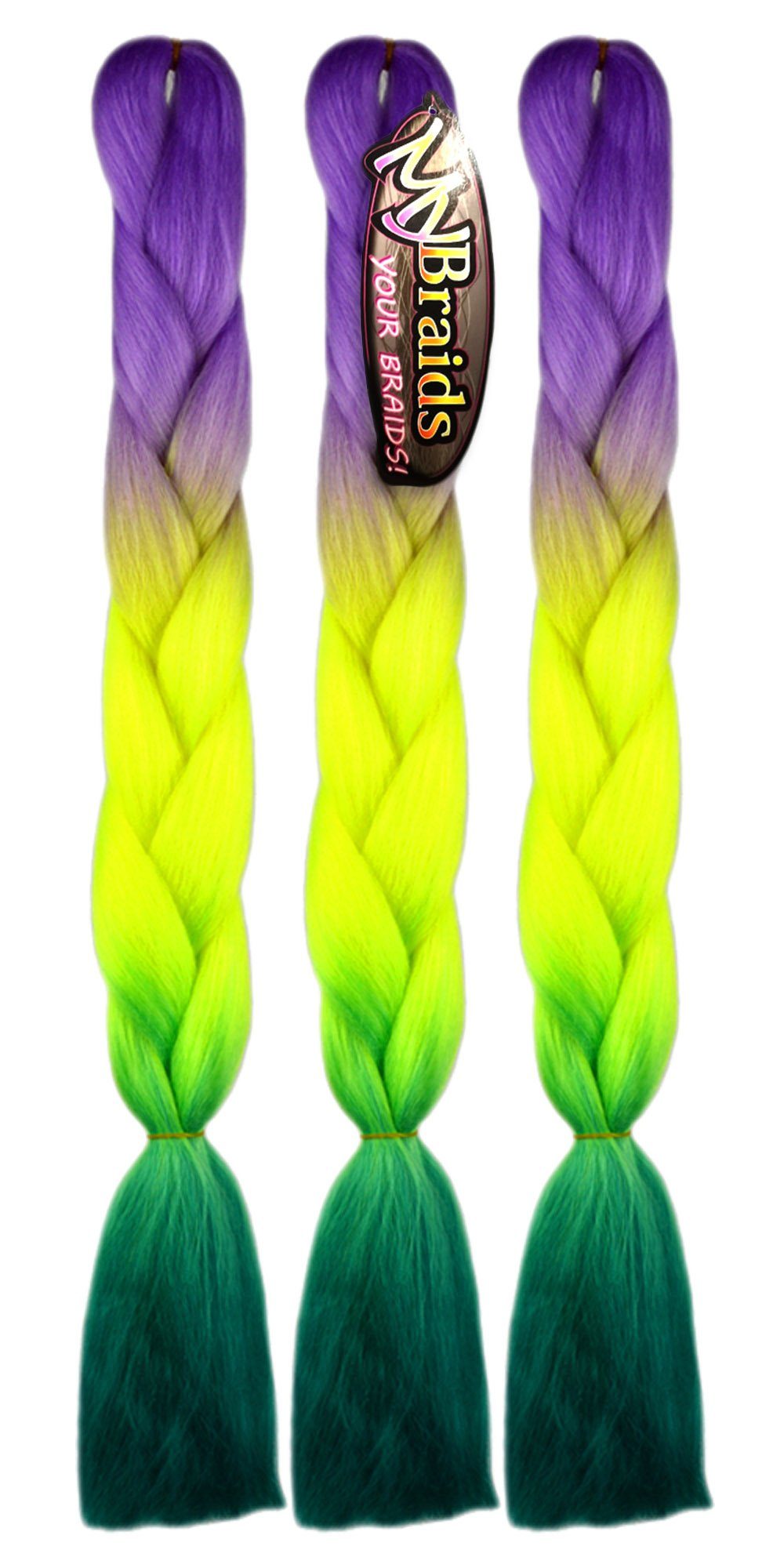 MyBraids YOUR BRAIDS! Kunsthaar-Extension Jumbo Braids Flechthaar Zöpfe 3-farbig im 3er Pack 45-CY Hellviolett-Neongelb-Grün