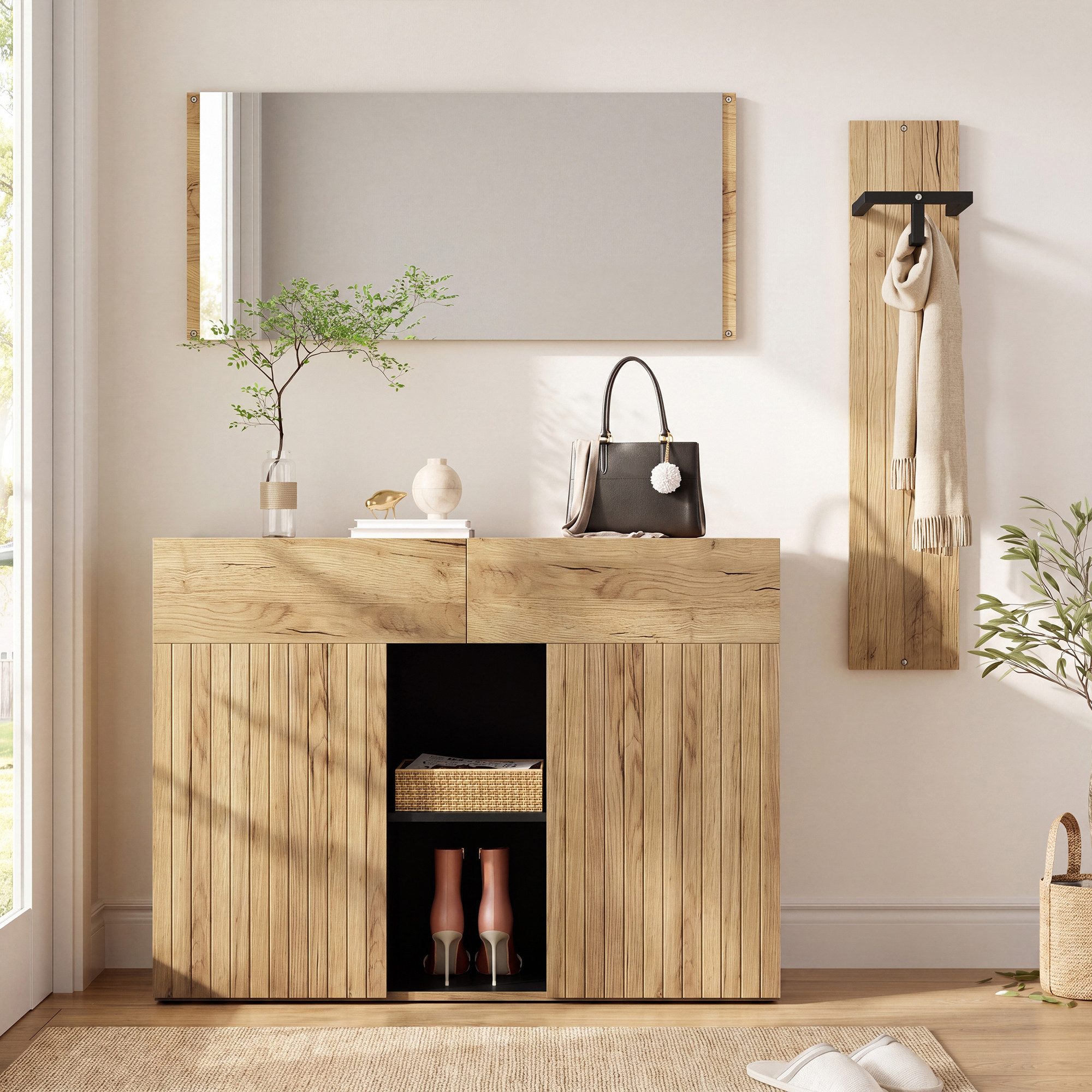Flieks Garderoben-Set 3-teilig Kompaktgarderobe Flurmöbel-Set in Holzoptik Natur&Schwarz, (3-St), Spiegel Kleiderständer Schuhschrank mit verstellbarer Einlegeböden