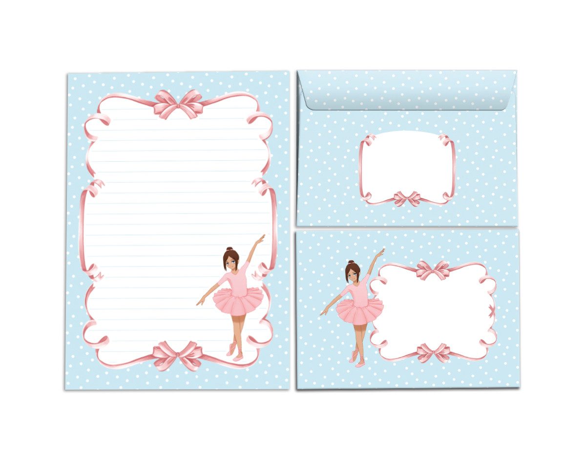 JUNAPACK Briefpapier Set Kinder Briefblock A5 mit Umschlägen Notizblock Papier Ballerina, Kinder-Briefpapier A5 mit 15 Umschlägen, liniert & leicht beschreibbar