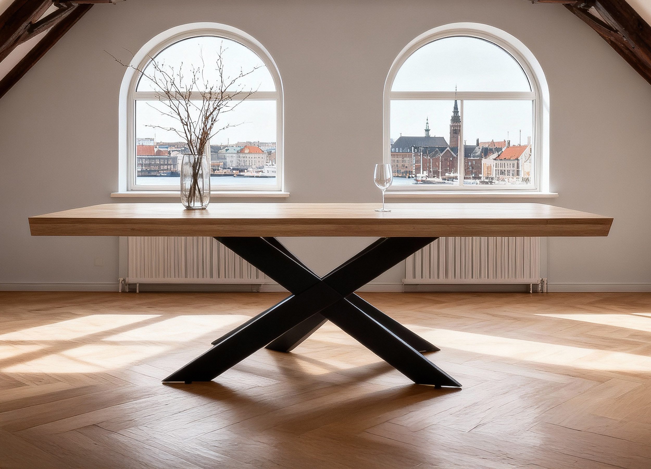 Massivart® Esstisch Wildeiche massiv geölt / 60 mm Platte / 180/200/220 / AHUS, Massivholztisch · Metallgestell · Schweizer Kante · Industrial-Look