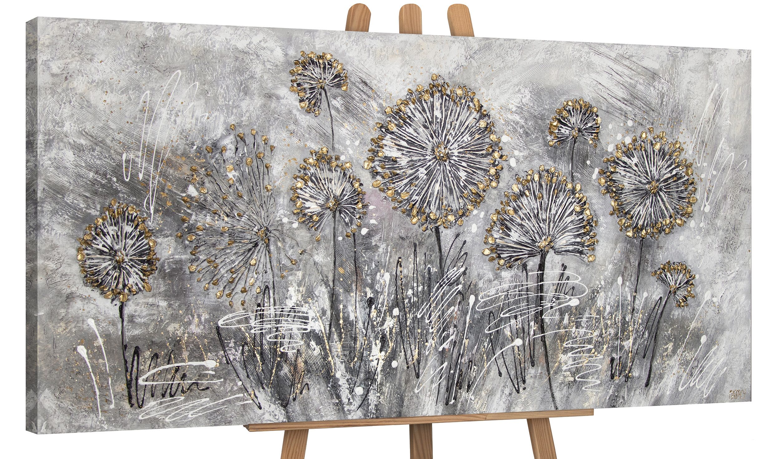 YS-Art Gemälde Frühlingsblumen, Blumen, Löwenzahn Leinwand Bild Handgemalt Gold Grau Schwarz Blumen