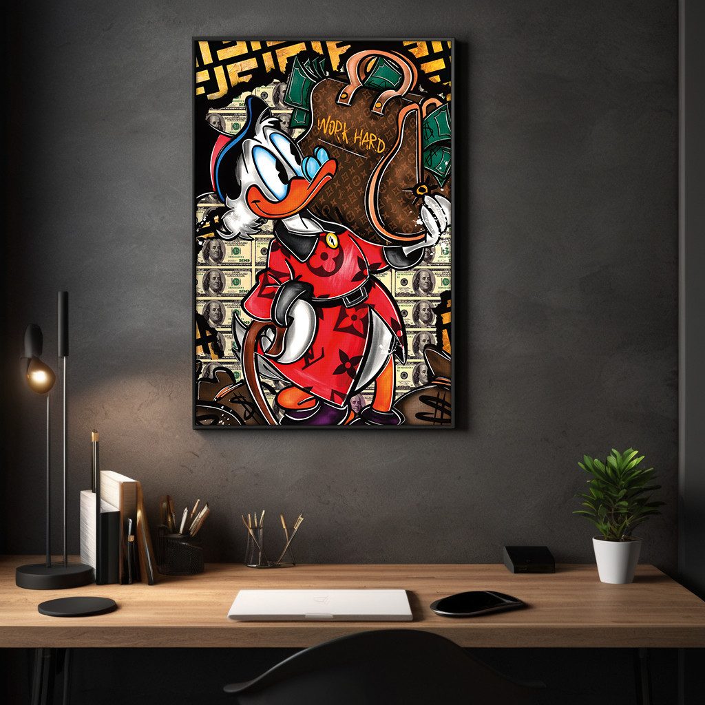 SimpleCanvas Wandbild Work Hard Dagobert - Leinwandbild Pop Art / Motivation, Wandbild Dagobert Duck, Geld, Pop Art
