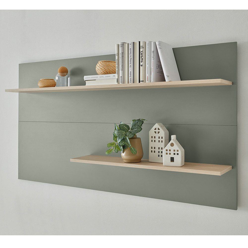 Lomadox Wandregal CRISP-61, 150 cm, grün mit Eiche Nb., 2 Ablageböden für Deko oder Bücher