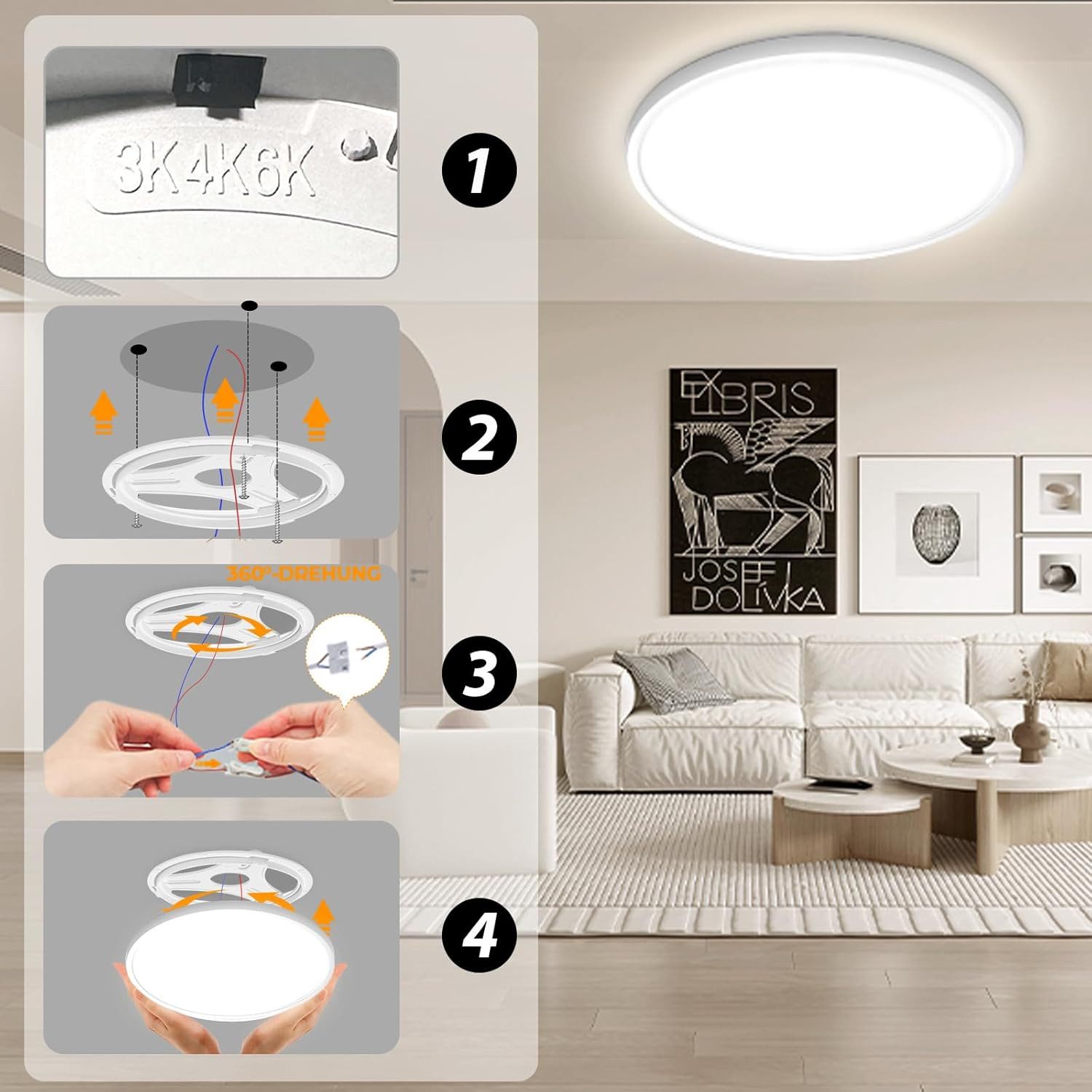POPOLIC LED Deckenleuchte 24W 6000K/4000K/3000K, Deckenlampe 3 Farbtemperatur 3200LM IP54, Rund Flach Modern Schlafzimmer Lampe Ø30cm – Bild 2 von 5