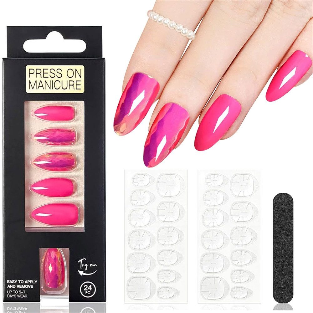 ZEUOPQ Nageldesign Zubehör Hochglänzende Chrome Press-on Nägel Oval Mittel Kurz 24 Stk, 24-tlg., Press on Nails Oval Mandel Mittel Kurz Gefälschte falsche Nägel