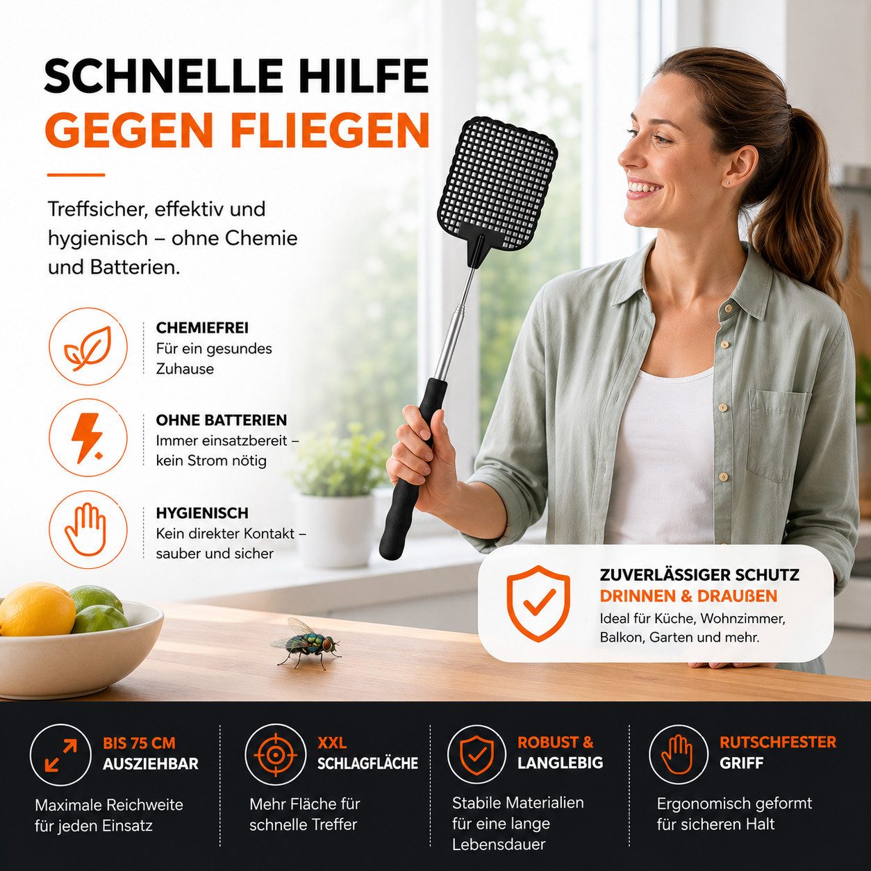 Gartiva® Fliegenklatsche 2 schwarze Teleskop-Fliegenklatschen, ausziehbar von 27 bis 73 cm, ausziehbar von 27cm bis 73cm – Bild 4 von 5