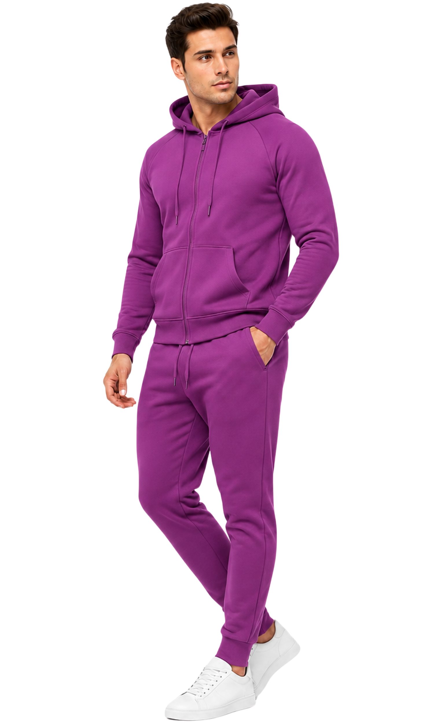 L.gonline Freizeitanzug Herren Jogginganzug einfarbig 100% BW 586 Lila XXL (Kapuzenjacke mit Reißverschluss, Hose, 2-tlg), Fitness Freizeit Casual