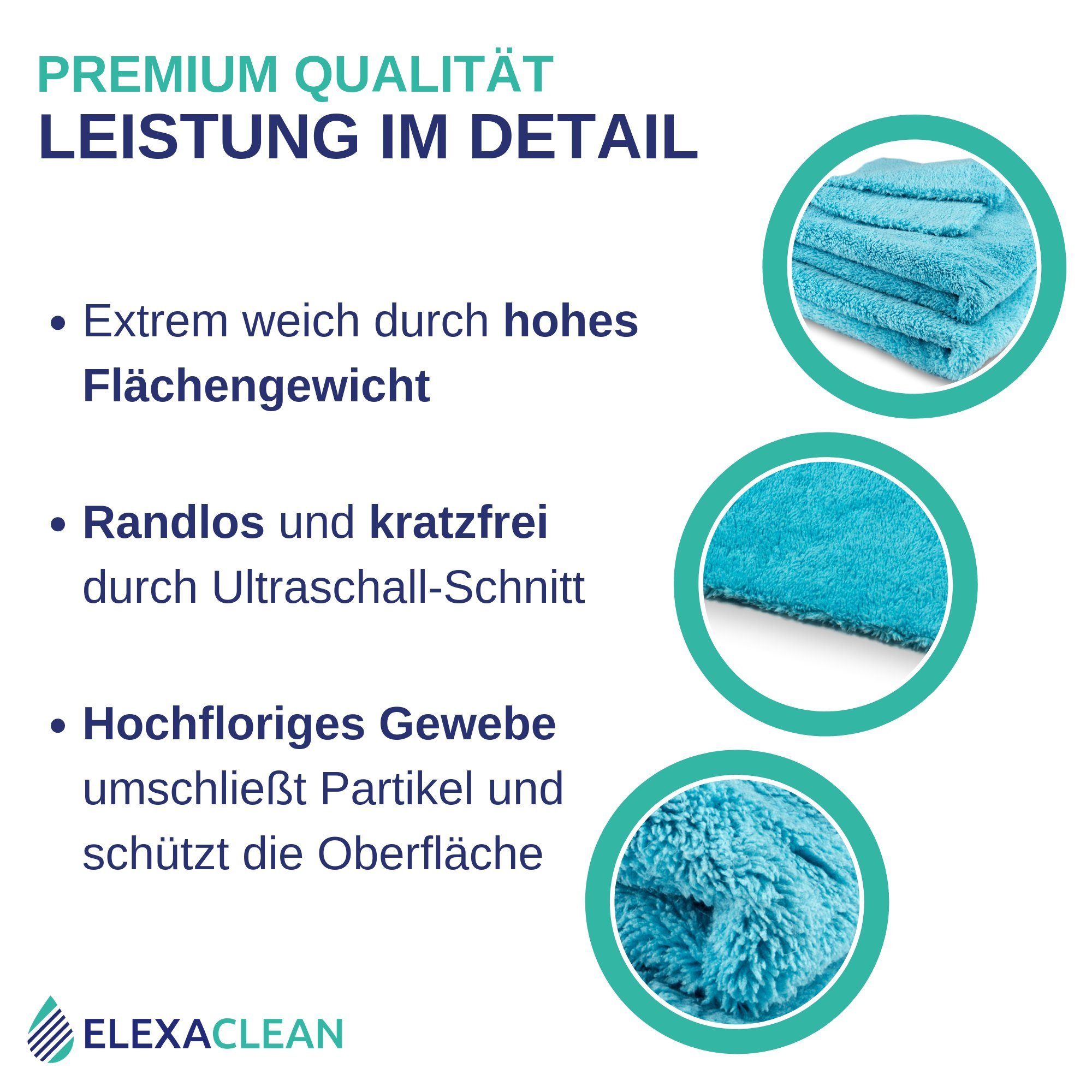 ELEXACLEAN MEGA SHINE Poliertücher Staubtuch Pflegetuch (Mikrofaser, 40x40 cm, Set, 2-tlg., ohne Rand, kratzfrei, ideal zum Polieren & Detailing)