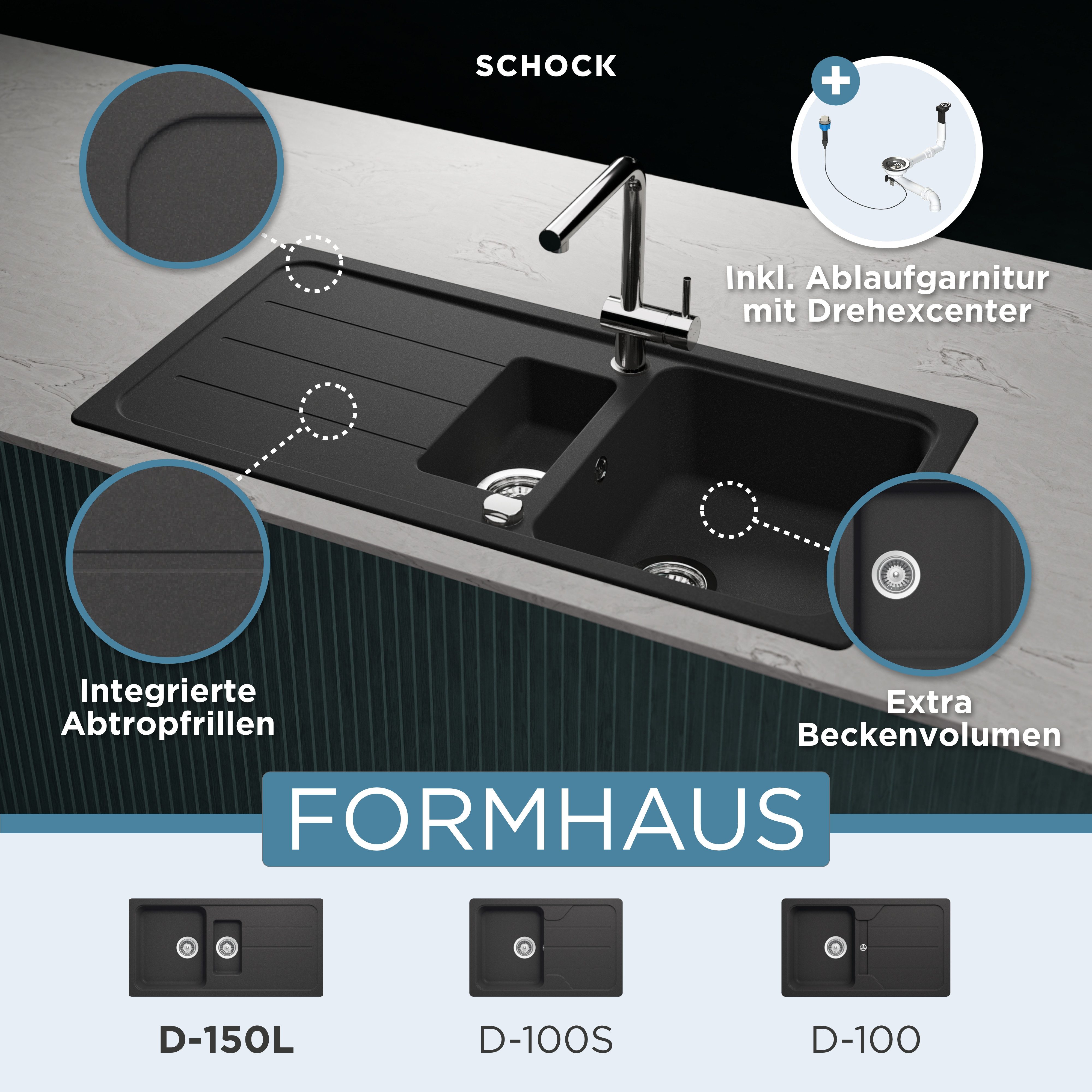 Schock Granitspüle COMO D-150L, eckig, 100/50 cm, inklusive ab- und Überlaufgarnitur, Drehhexcenter, Diamantbohrer