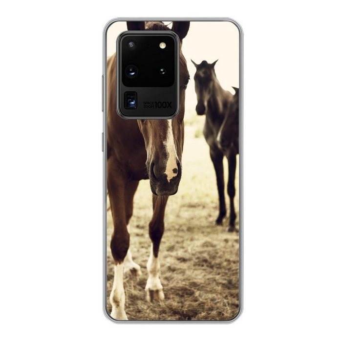 MuchoWow Handyhülle Pferde Sepia-Fotodruck Phone Case Handyhülle Samsung Galaxy S20 Ultra Silikon Schutzhülle