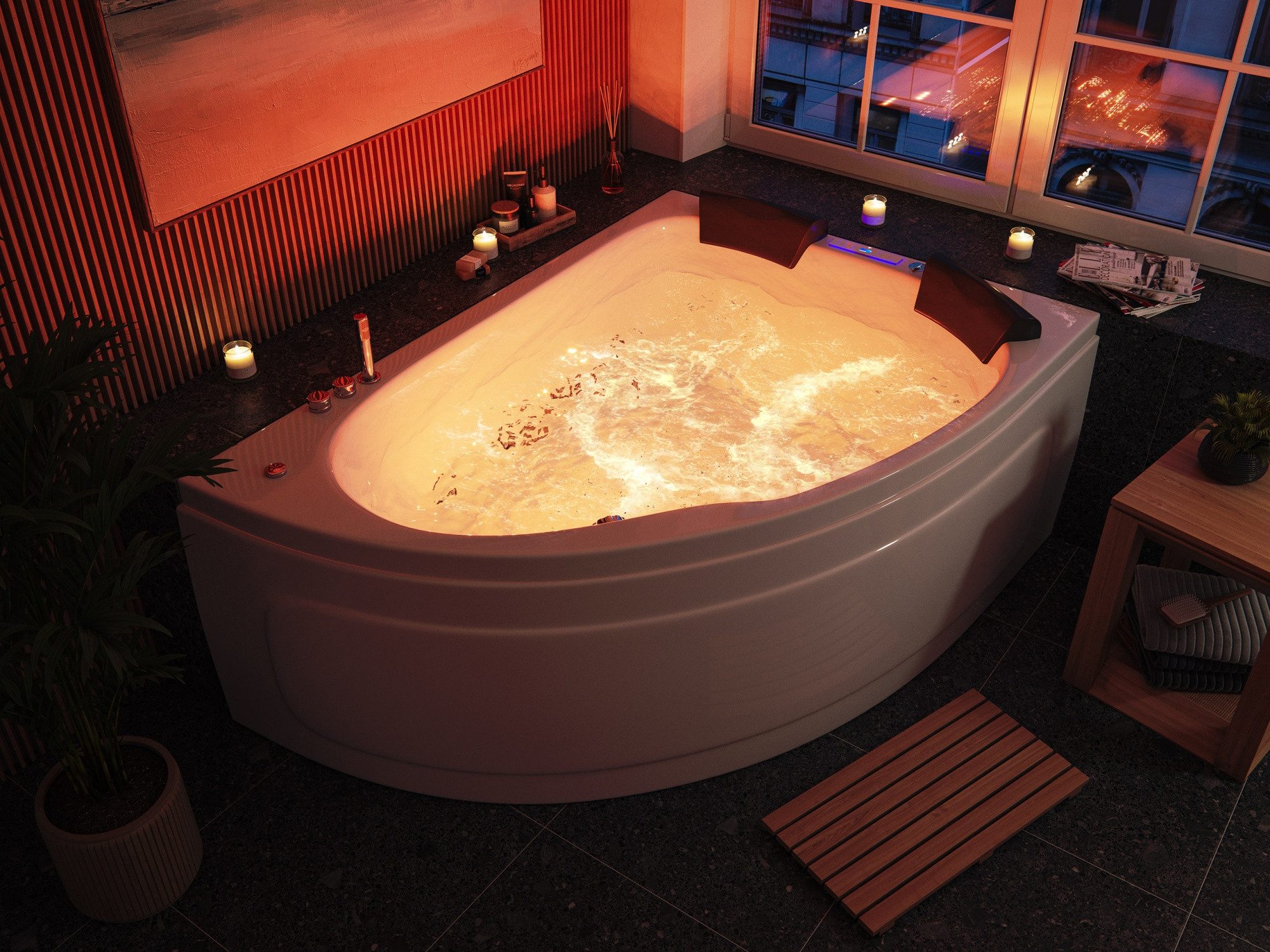 Magnolia Home Whirlpool-Badewanne Deluxe Whirlpool Set Royal XL 1800 ULTRA rechts mit 89 Düsen und LED B