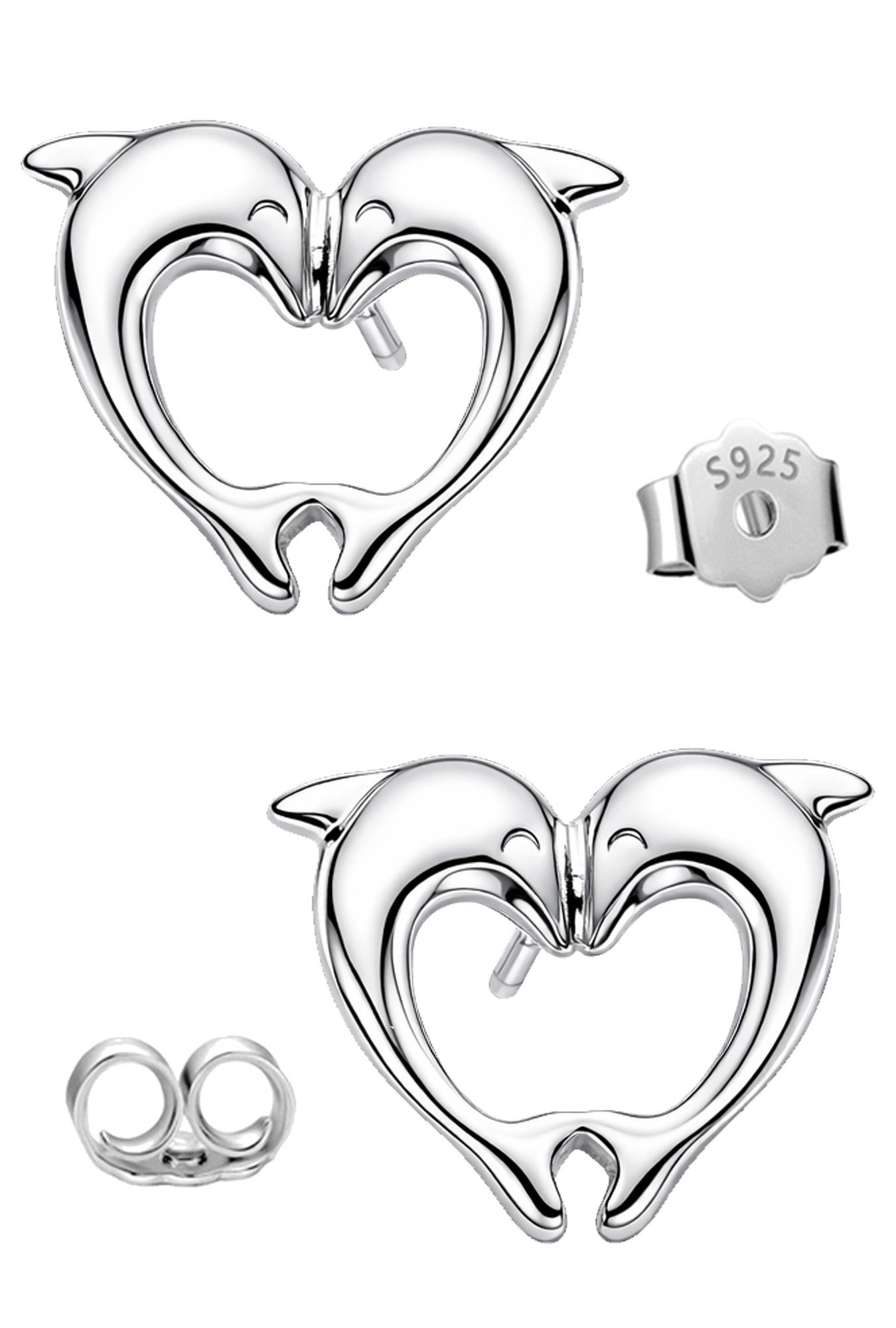Limana Paar Ohrstecker 925 Silber Delfin Herz Ohrringe Schmuck für Mädchen Kinder Damen (Kinderschmuck inkl. Dose Geschenk für Geburtstag Muttertag Jahrestag), Ostern Einschulung Schulanfang Nikolaus Kommunion Weihnachten