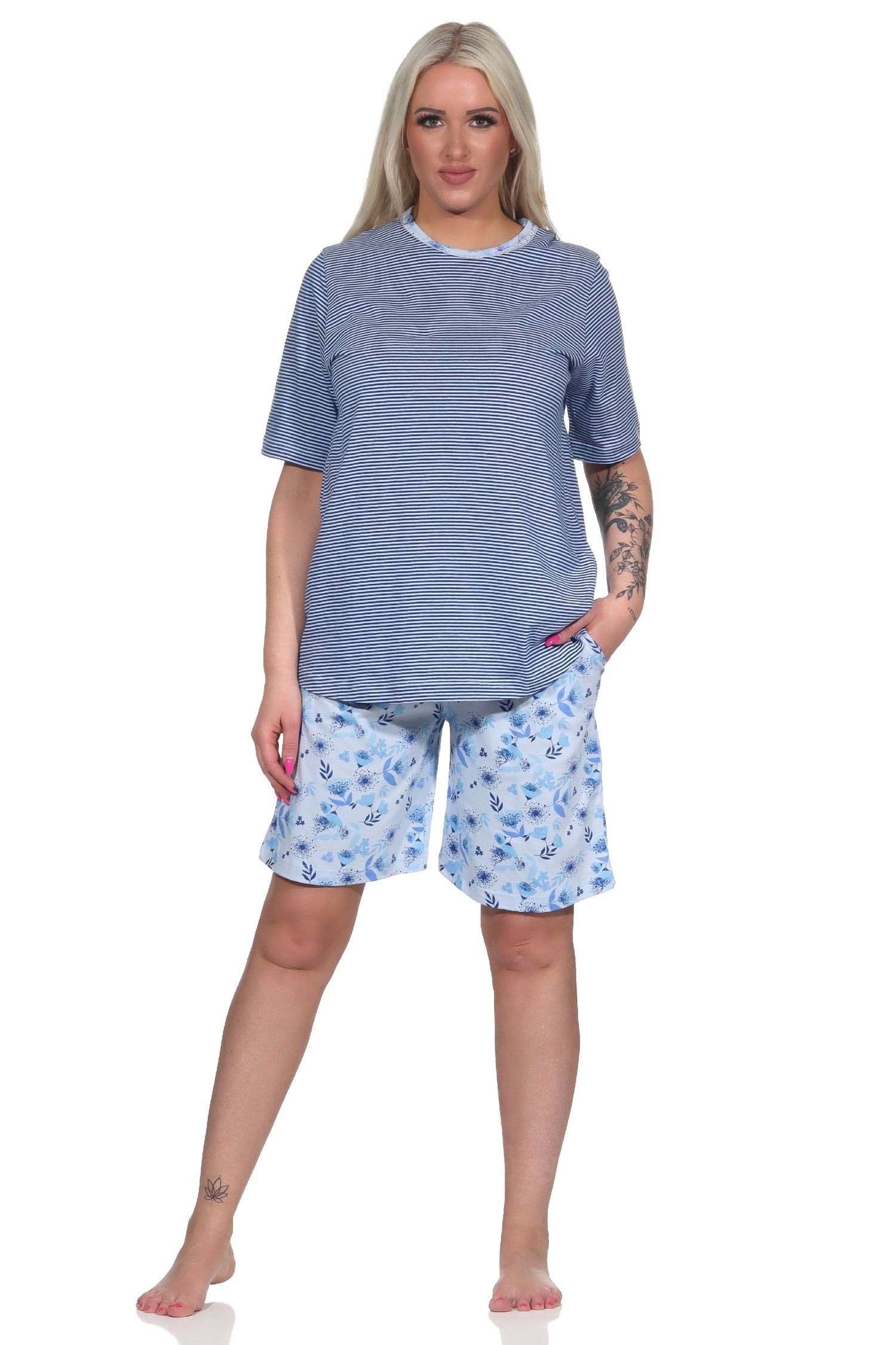 Normann Pyjama Damen Shorty mit - Pyjama Übergrößen kurzarm hellblau Spitzenbesatz in auch
