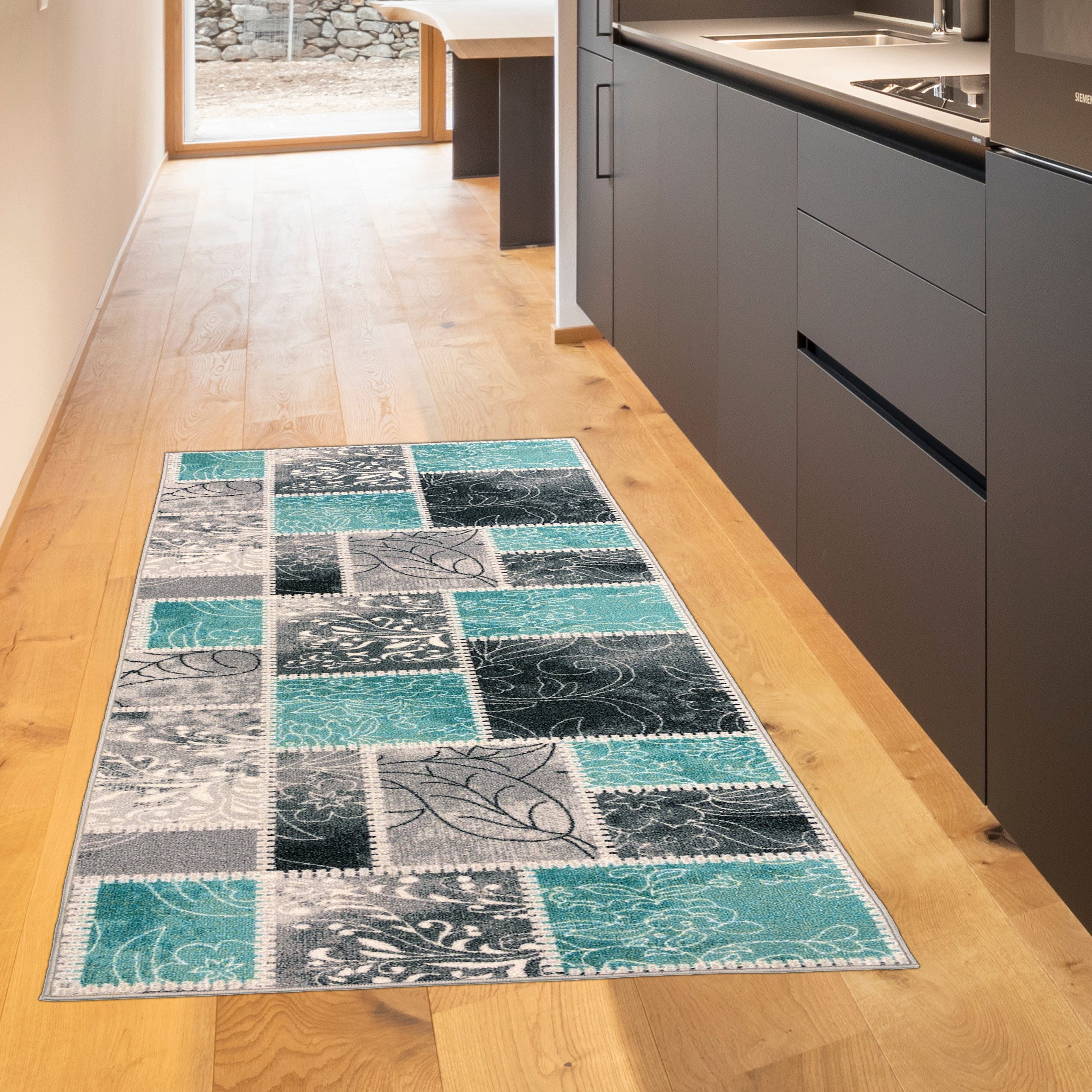 Teppich Küchenläufer Patchwork Design – Rutschfester Teppich in Türkis Grau