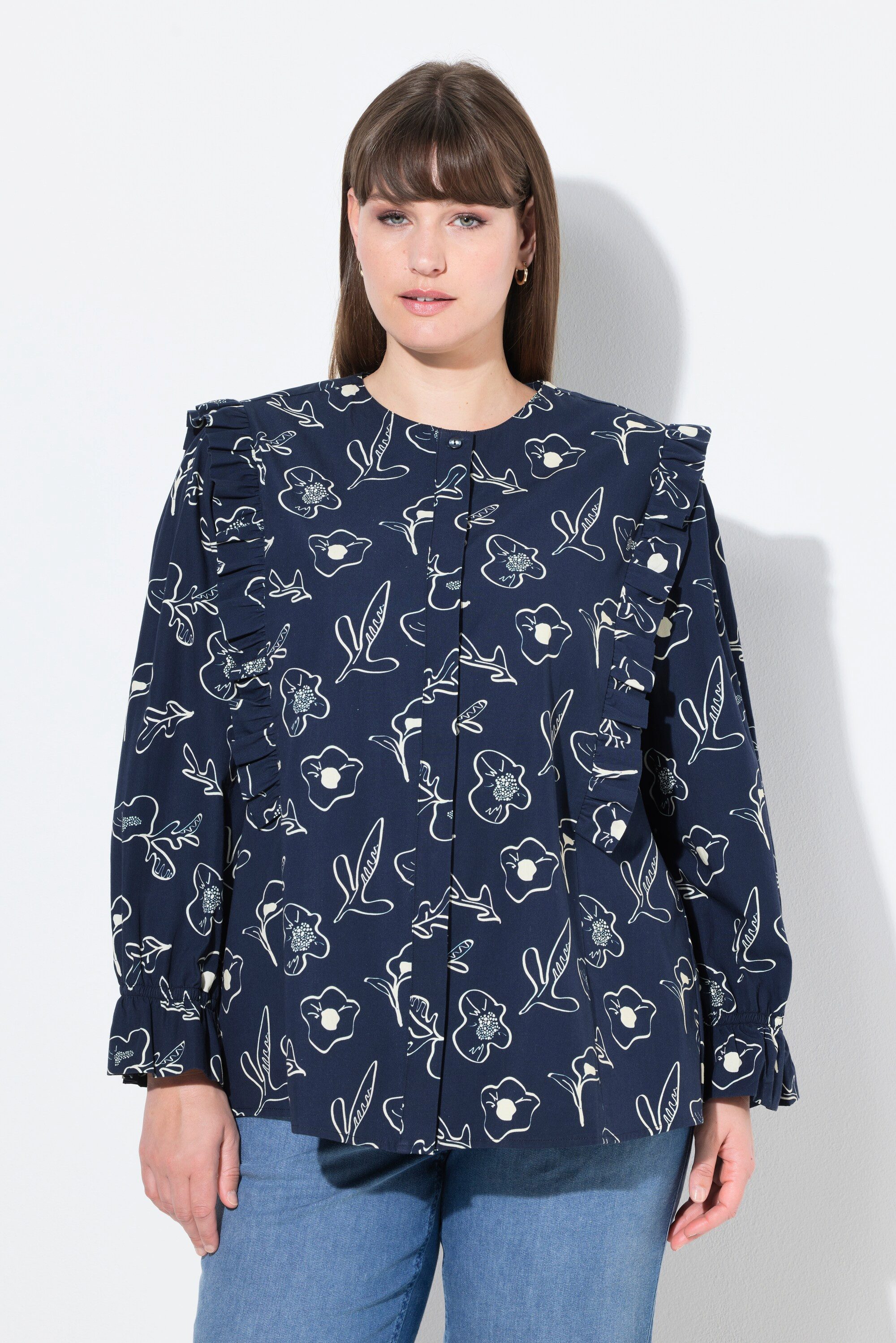 Satinbluse Bluse Rüschen A-Linie Rundhals Langarm
